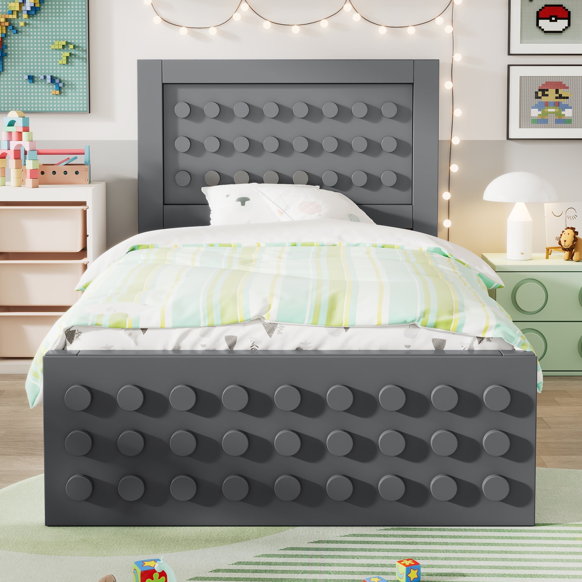 Single Bed, 90x200cm Creative Block Design with Drawers & Storage, Grey Wood
