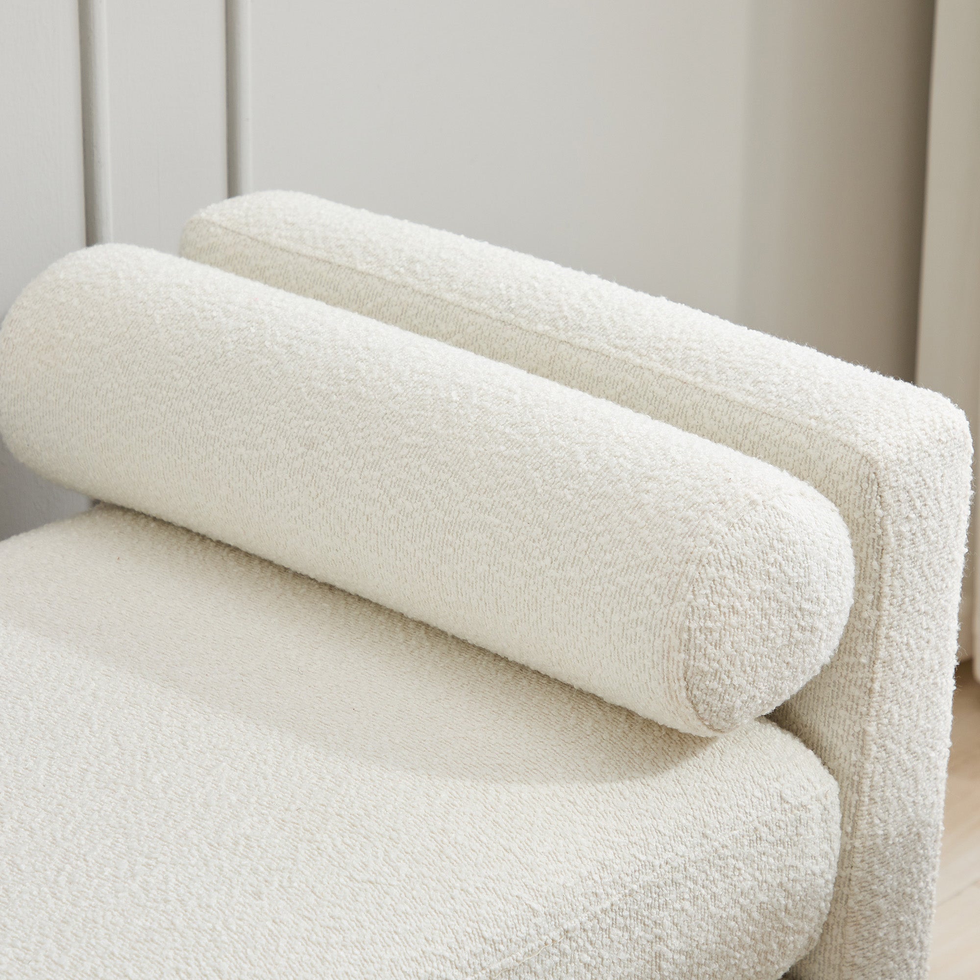 Elegant Upholstered Bench, Daybed Ottoman with Wood Legs and 2 Bolster Pillows, Ivory Boucle