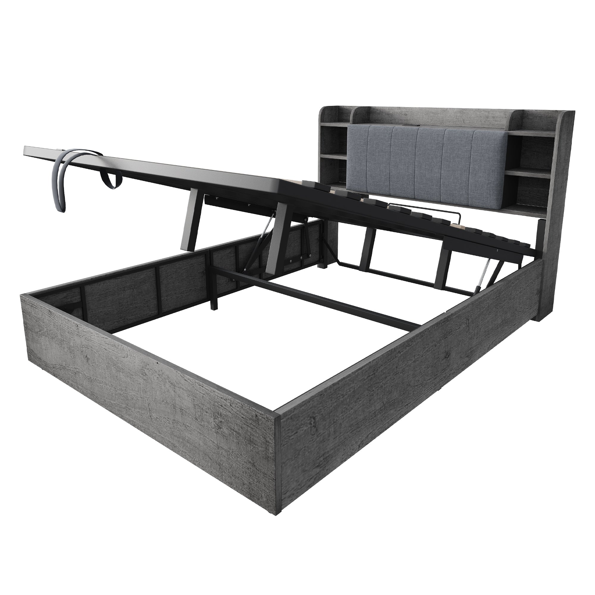 Hydraulic Bed with Storage Headboard and USB Charging, 180x200cm, Grey Wood