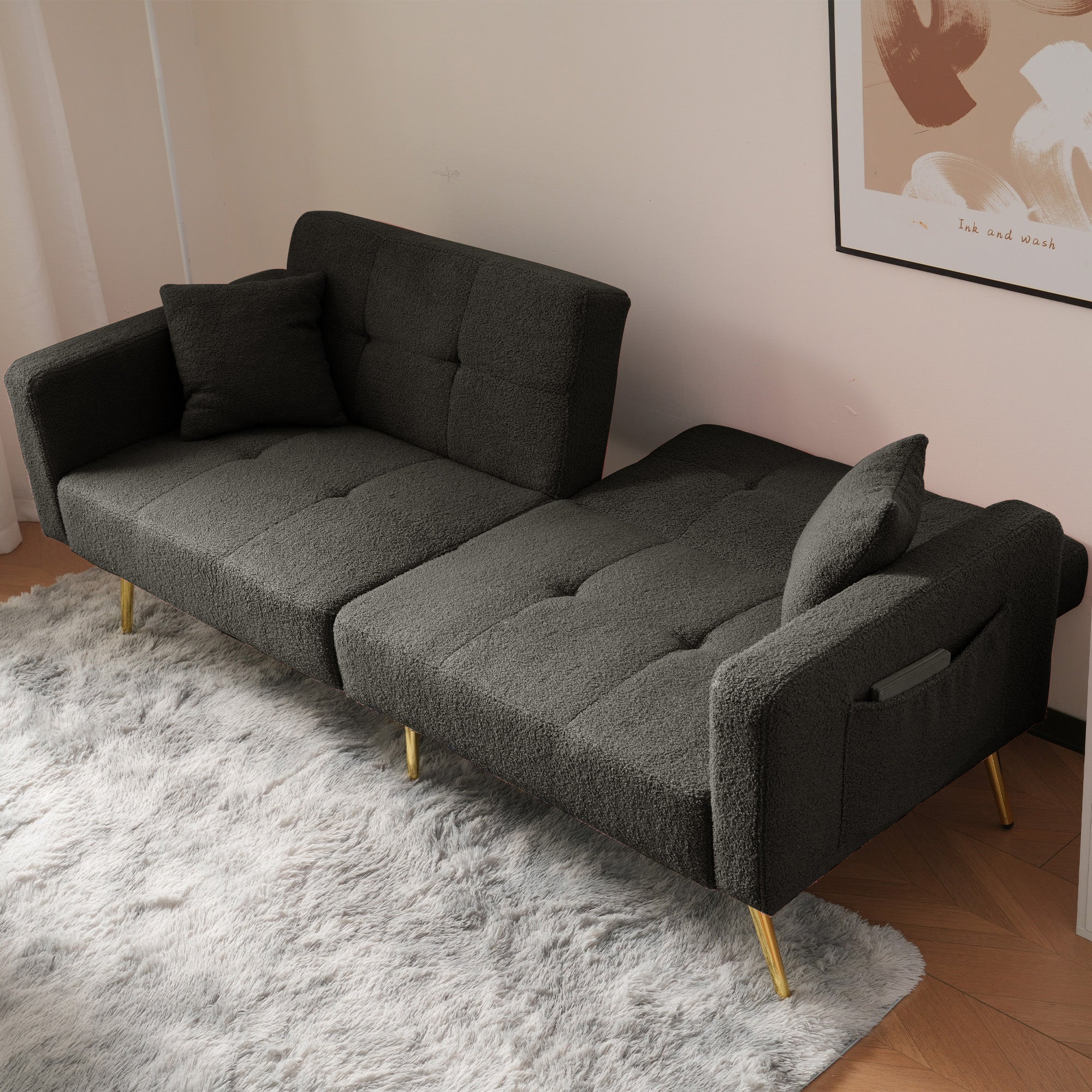 Sofa Bed with 3 Adjustable Backrests, Bed Function, Side Pockets, Sherpa Fabric