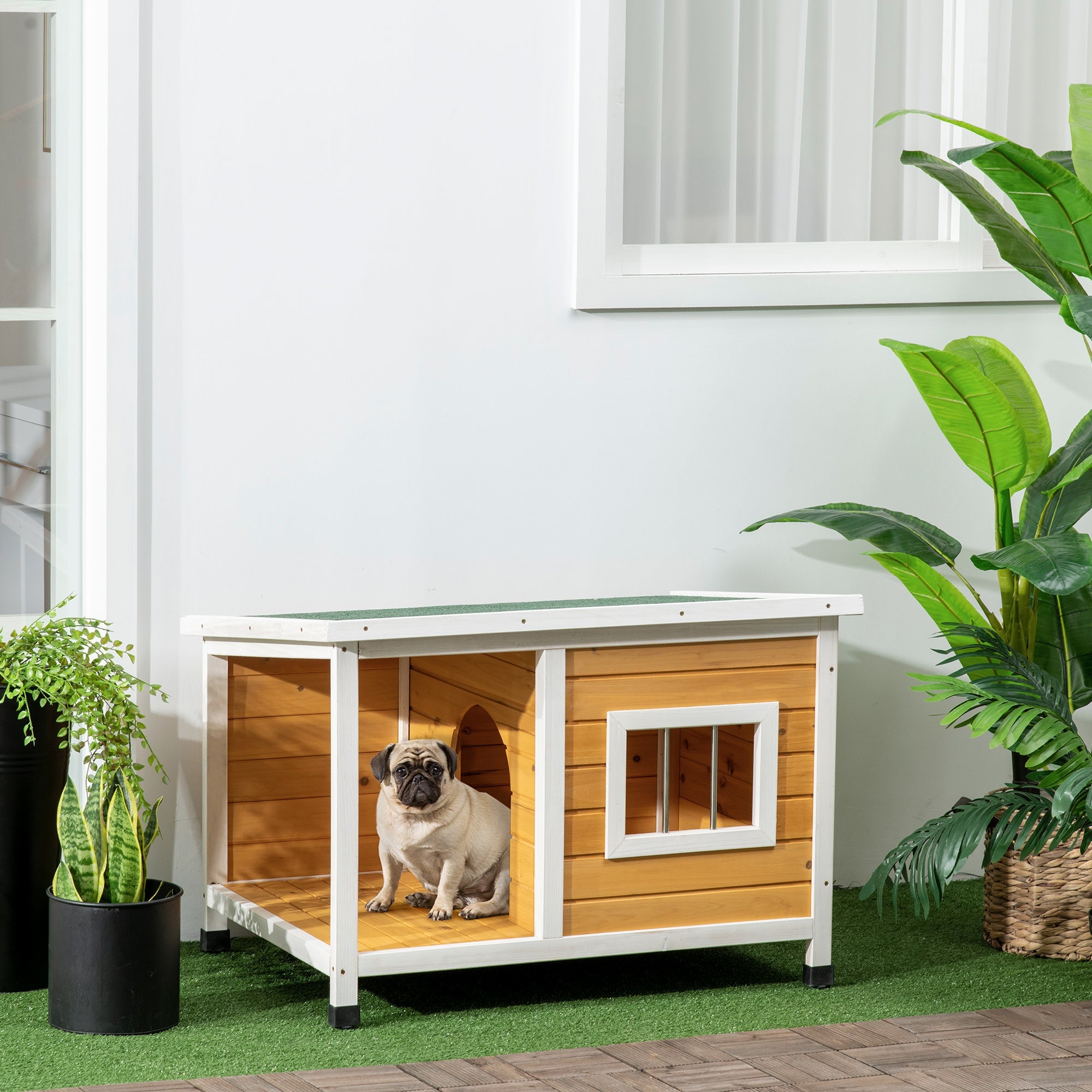 Doghouse with Veranda, Hinged Roof & Adjustable Feet, Natural Wood Orange