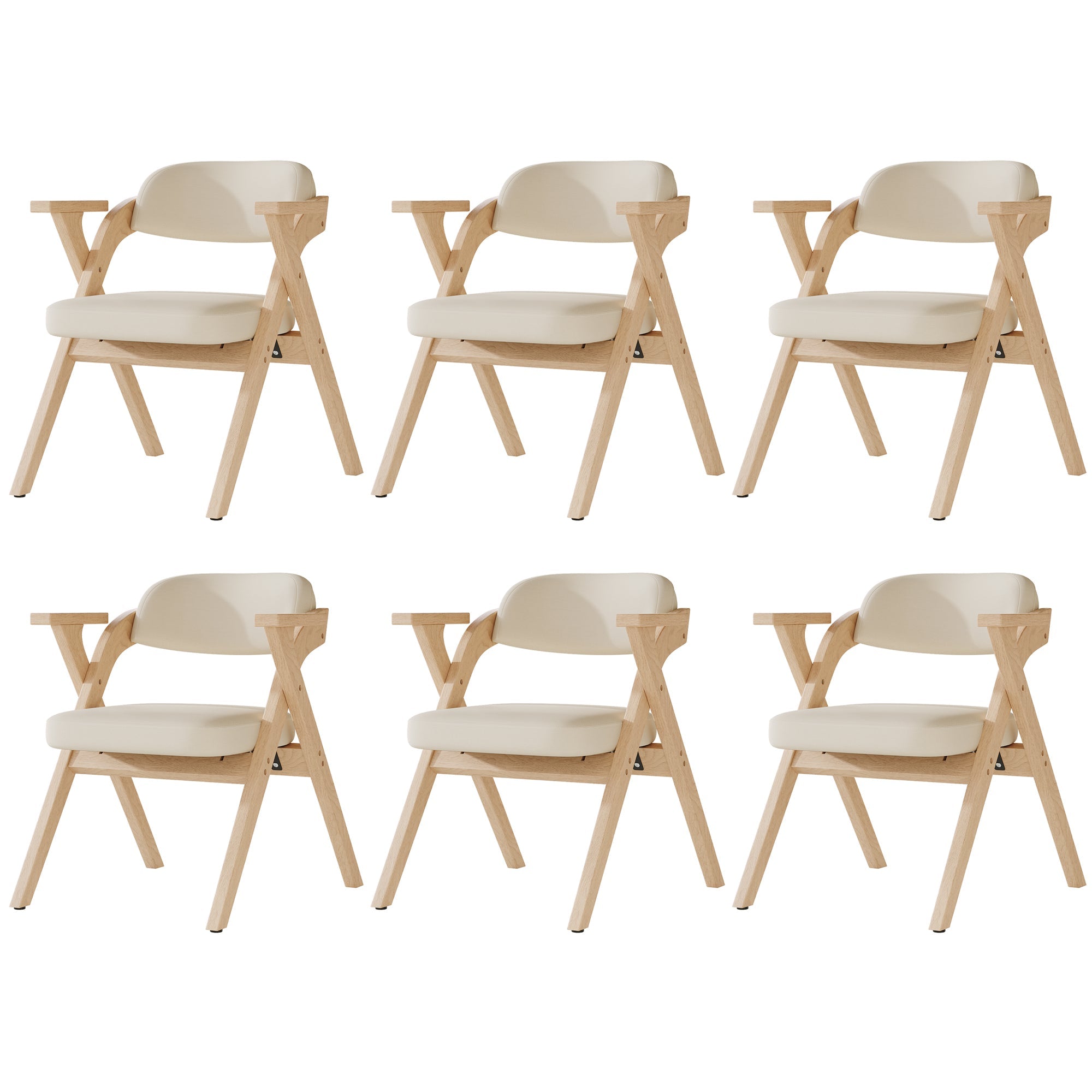 Set of 6 Solid Wood Folding Dining Chairs, Comfortable Padded High Back Portable Seating, Beige Linen