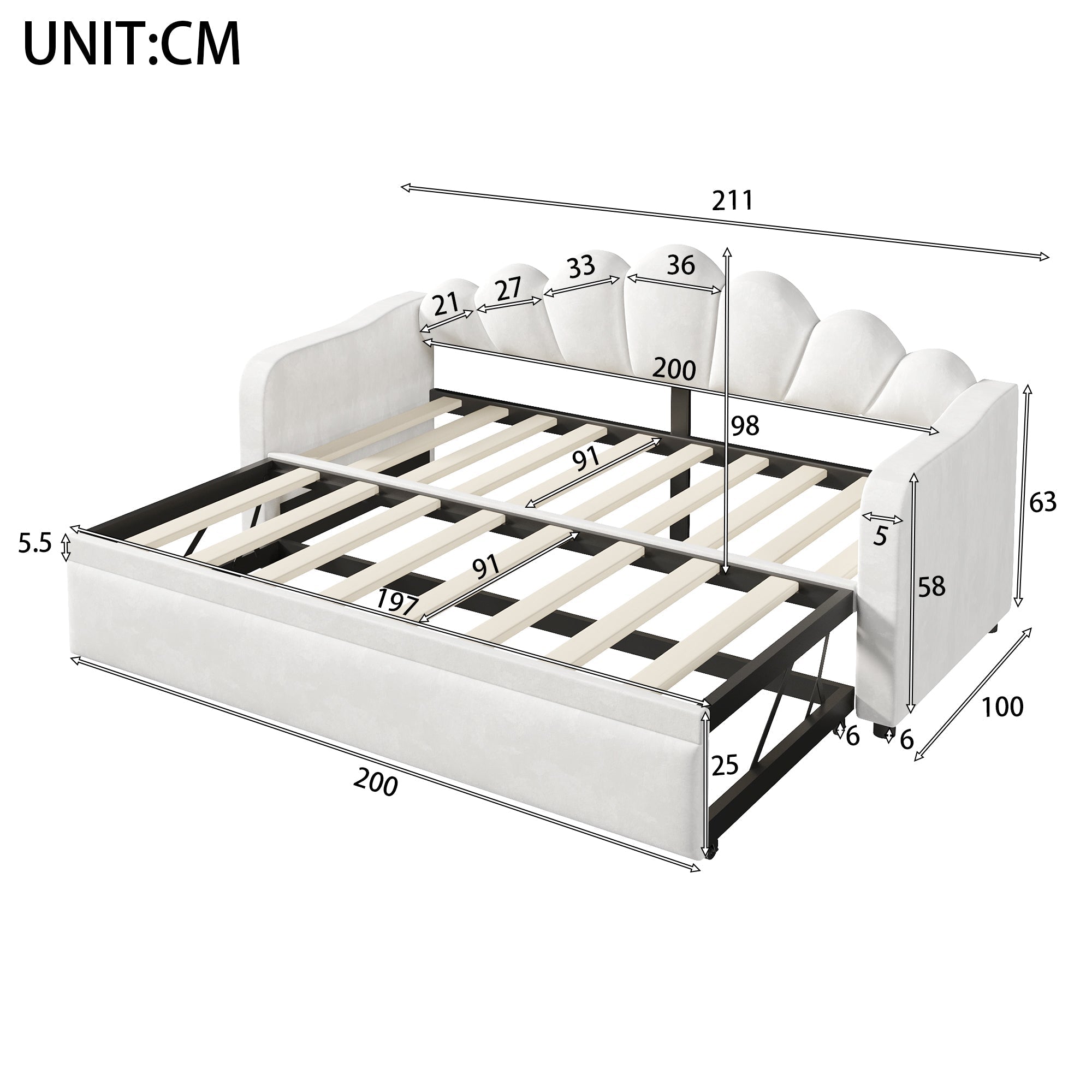 Upholstered Daybed with Pull-out Function and LED Lighting, 90x200cm, White