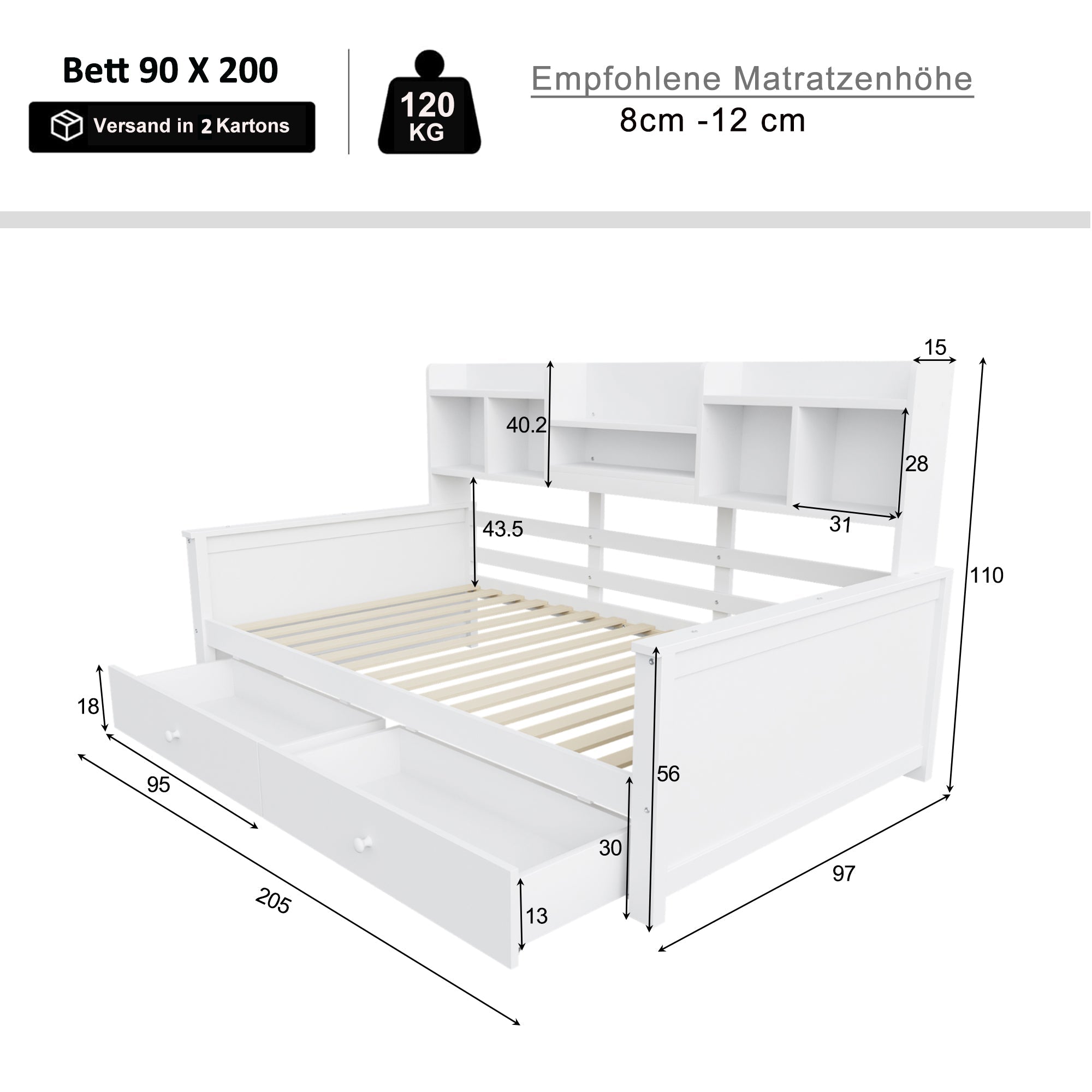 Solid Wood Sofa Bed 90x200 Storage Drawers Shelves White
