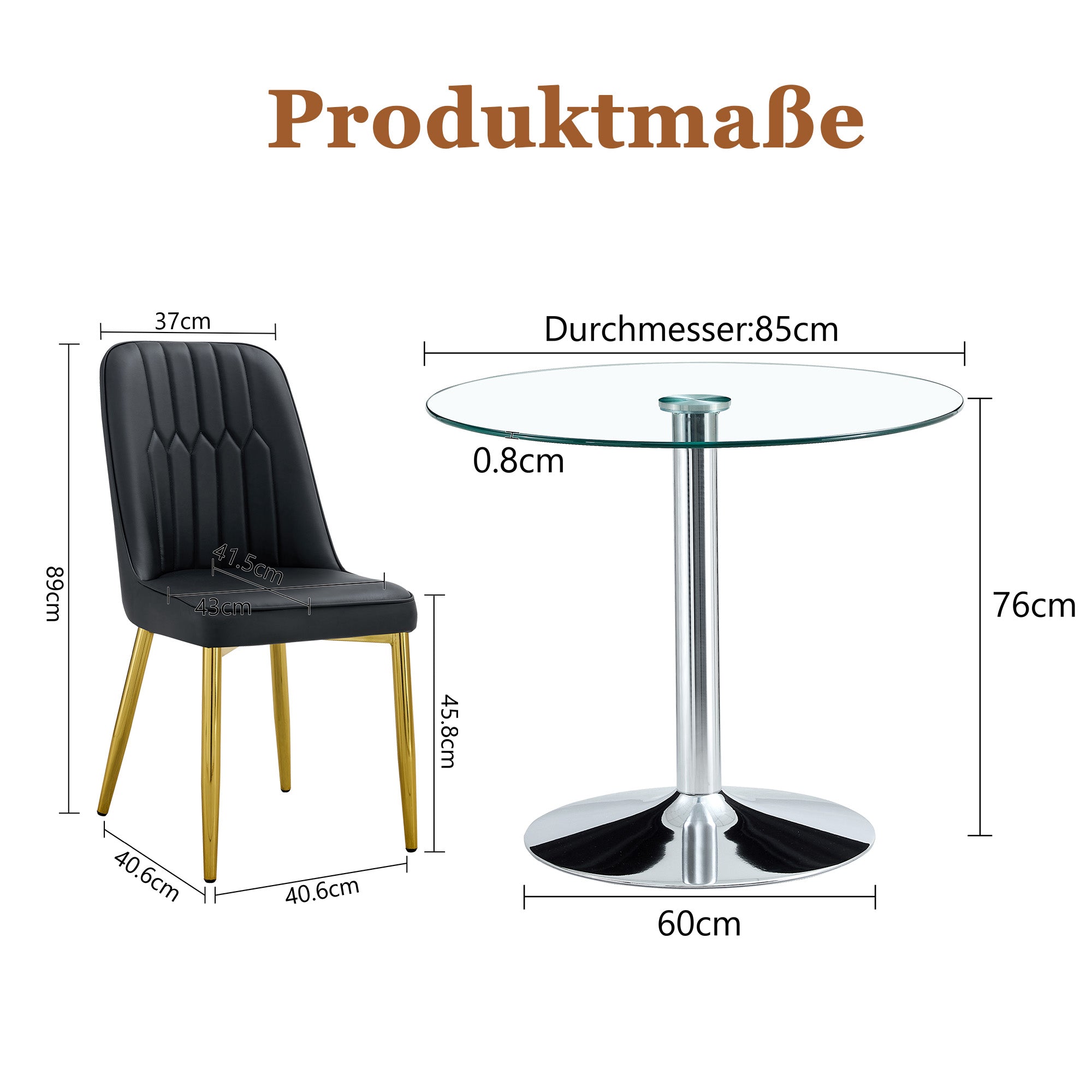 Dining Set 85cm Round Tempered Glass Table with 2 Black PU Chairs - Black/Gold
