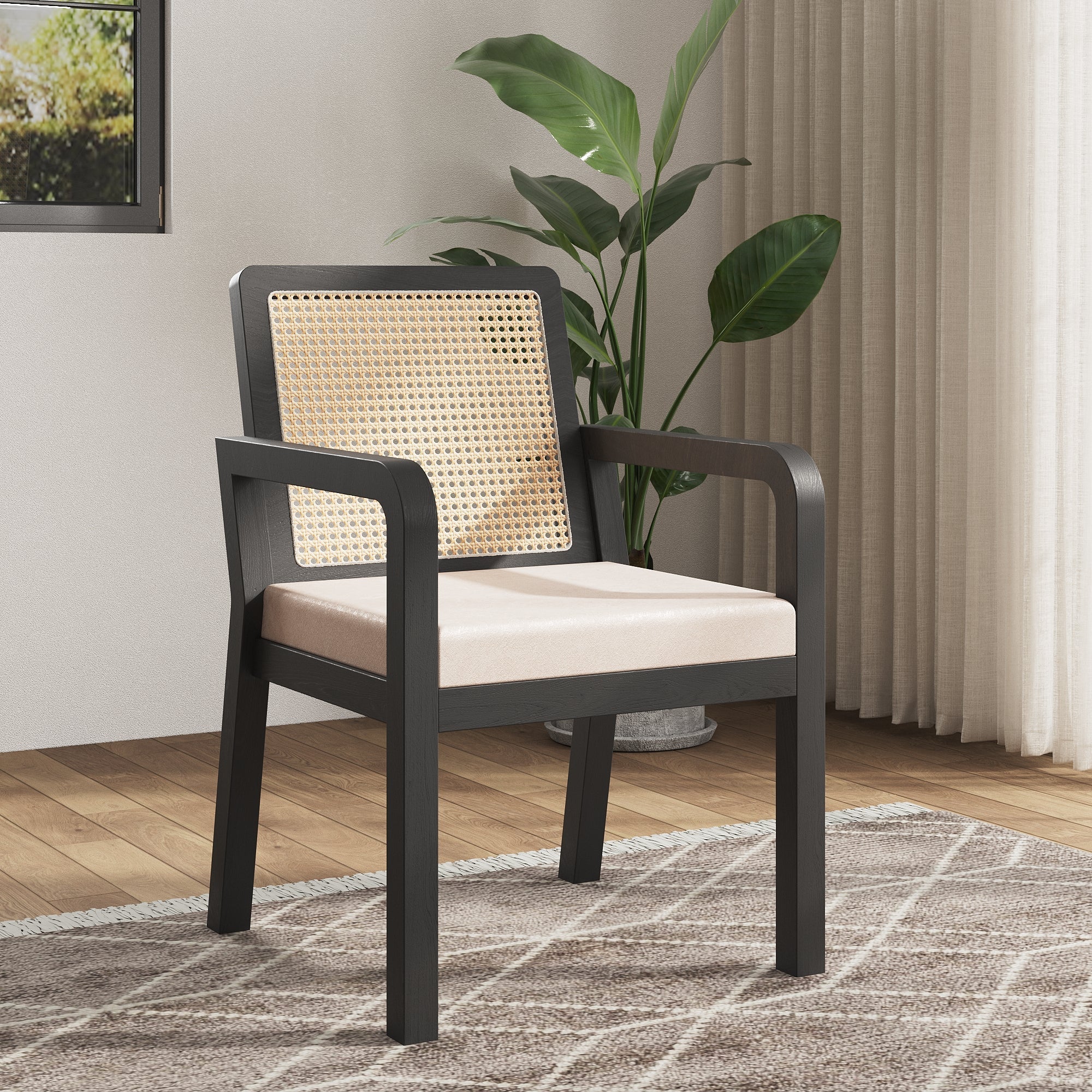 Dining Chair Set of 6 Ergonomic Rattan Backrest Rubberwood Legs Velour Fabric