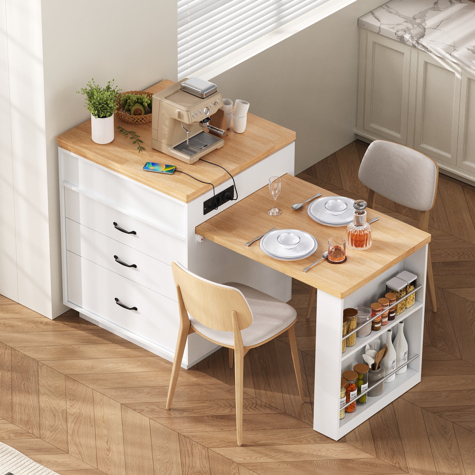 Mobile Kitchen Island Extendable Dining Table with LED & Power Strips - White