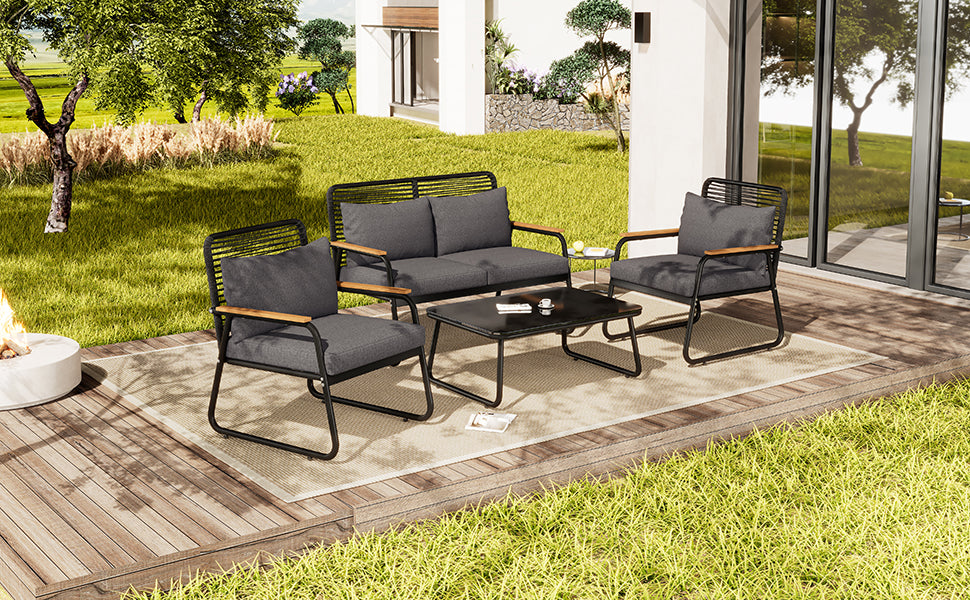 Garden Lounge Set Sofa & Table for 4 Galvanized Iron Tempered Glass - Black