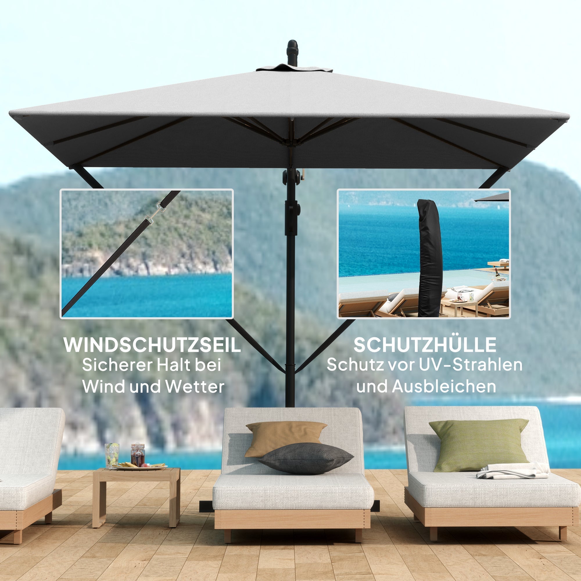 Cantilever Parasol Ø260 cm UV 50+ Water-Repellent, Tiltable, Grey