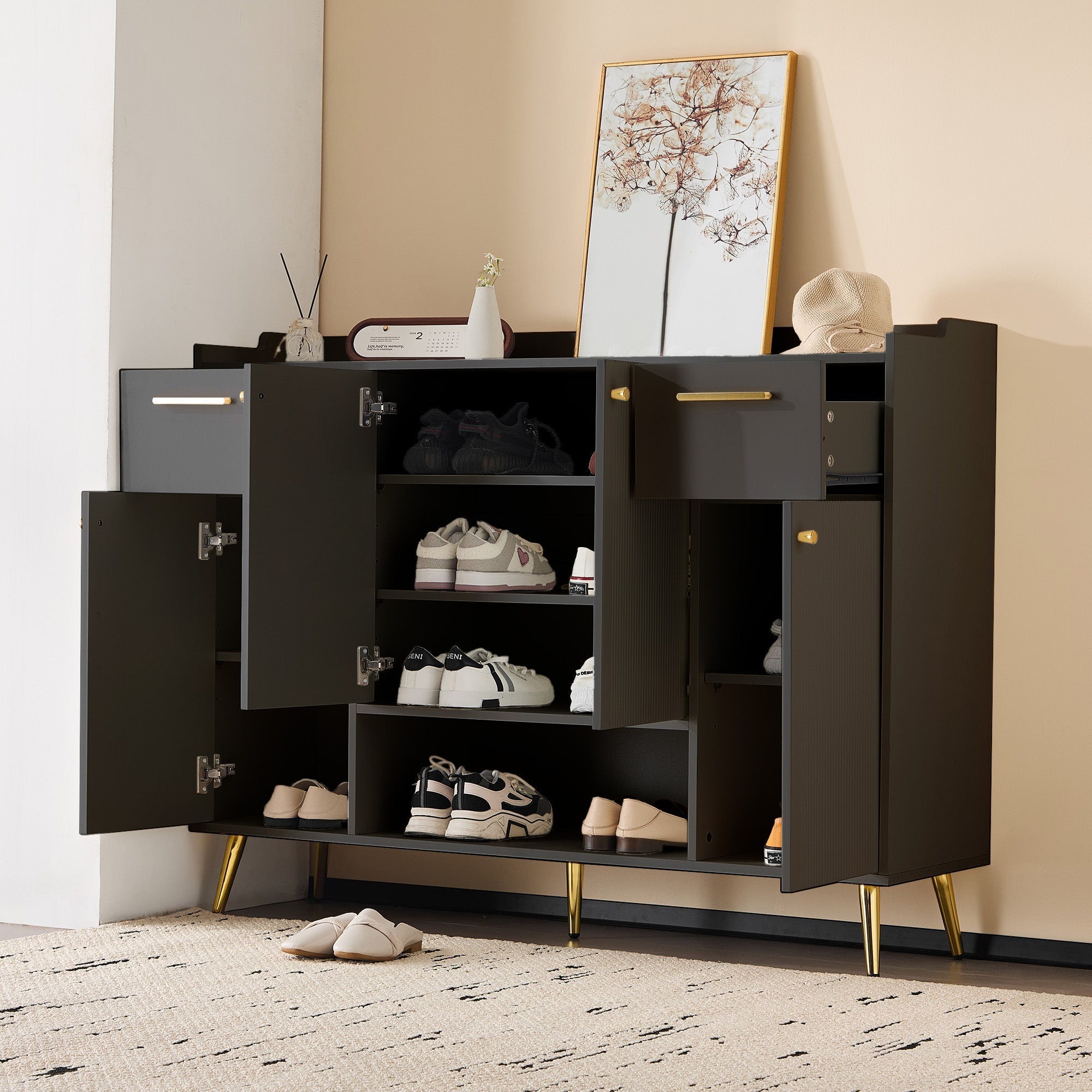 Shoe Cabinet, Shoe Rack with 2 Drawers and 4 Doors, Metal Feet, Black