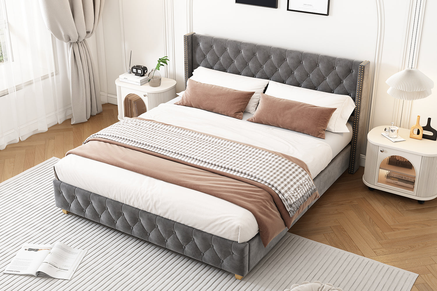 Lit rembourré 140x190cm Tête de lit Sommier à lattes Boutons Rivets Pieds en bois Velours gris