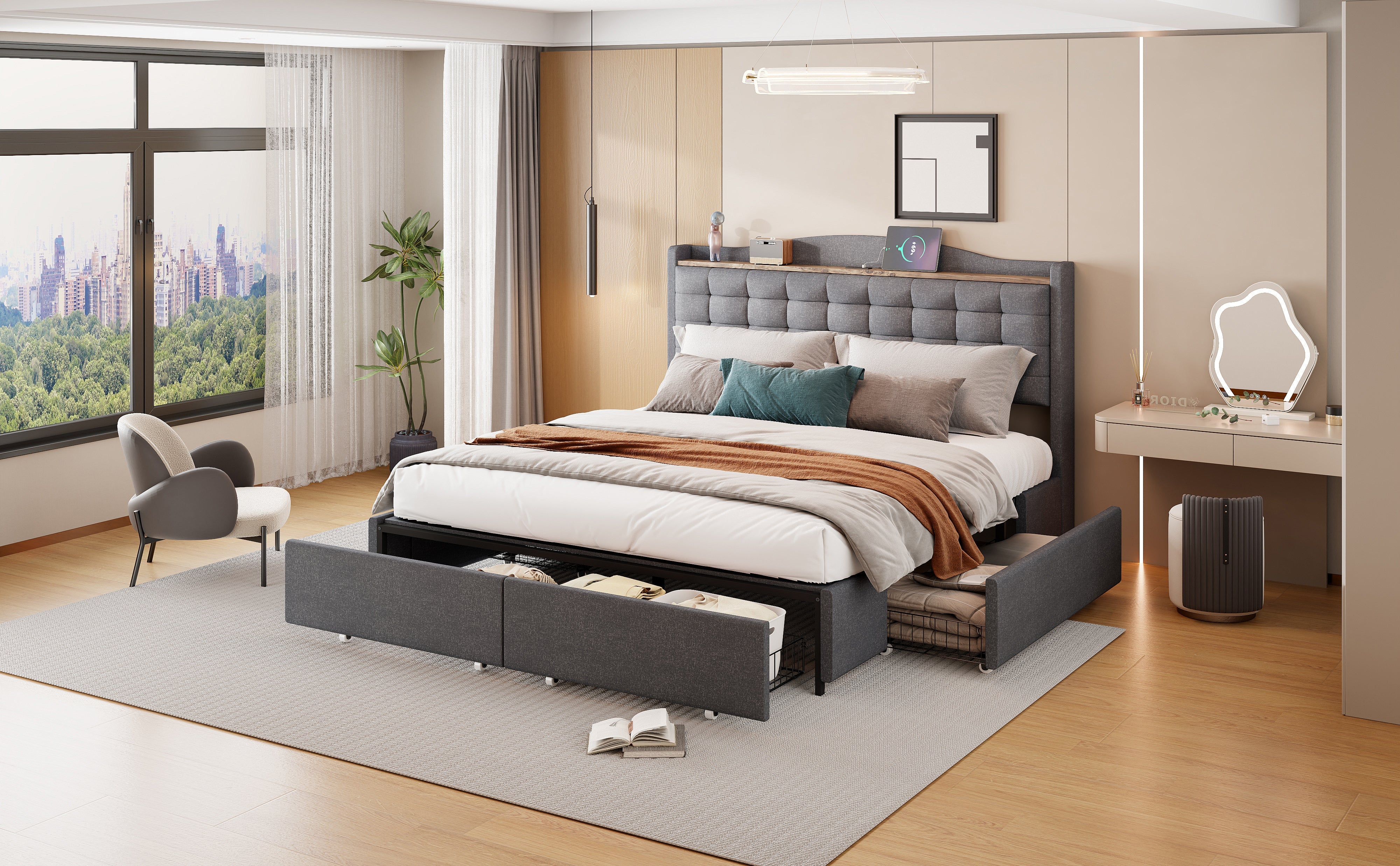 Upholstered Bed 160*200 cm, with USB Charging Bedside Table and 4 Drawers, Gray Linen Fabric
