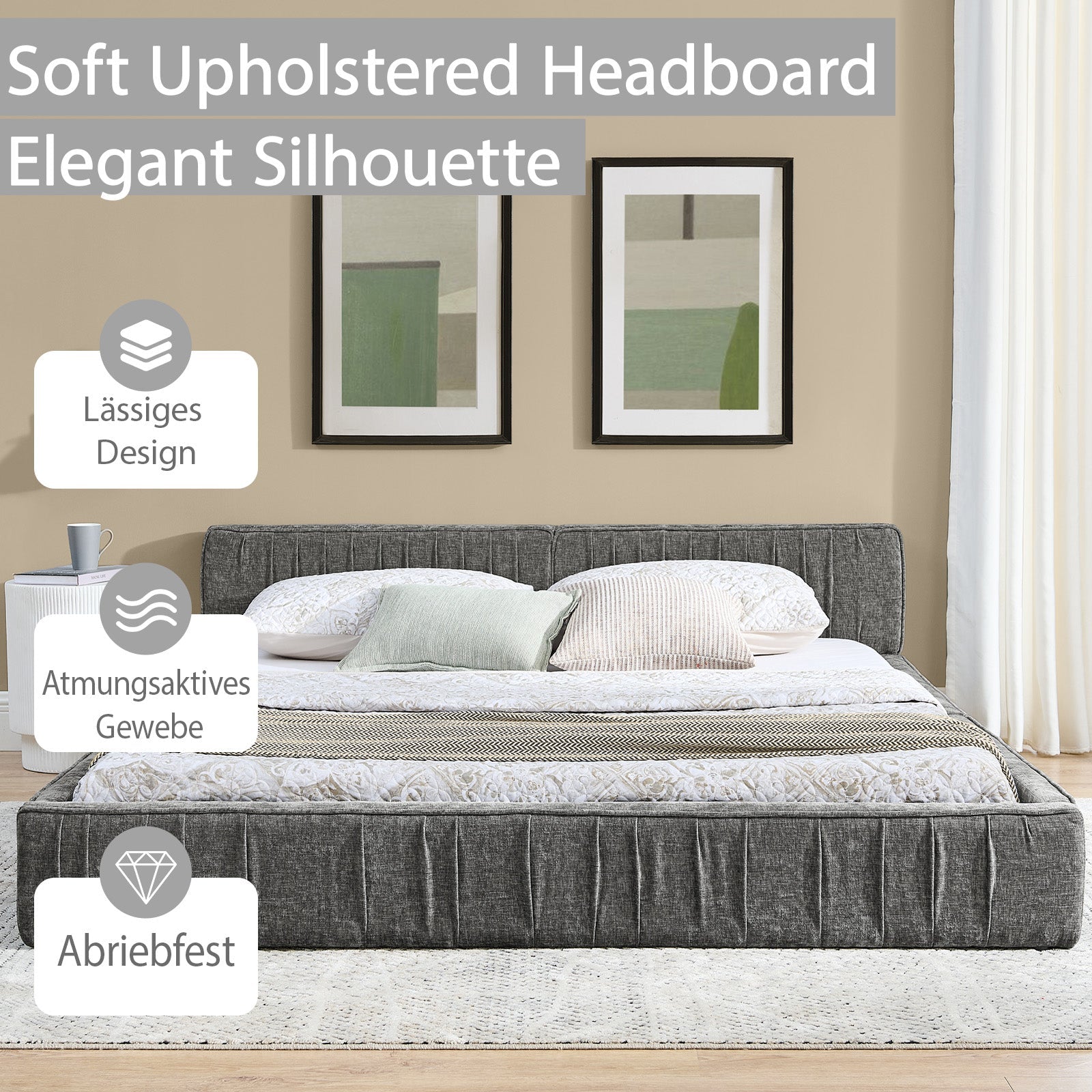 Double Bed 140x200cm Chenille Cover Iron Frame - Dark Grey