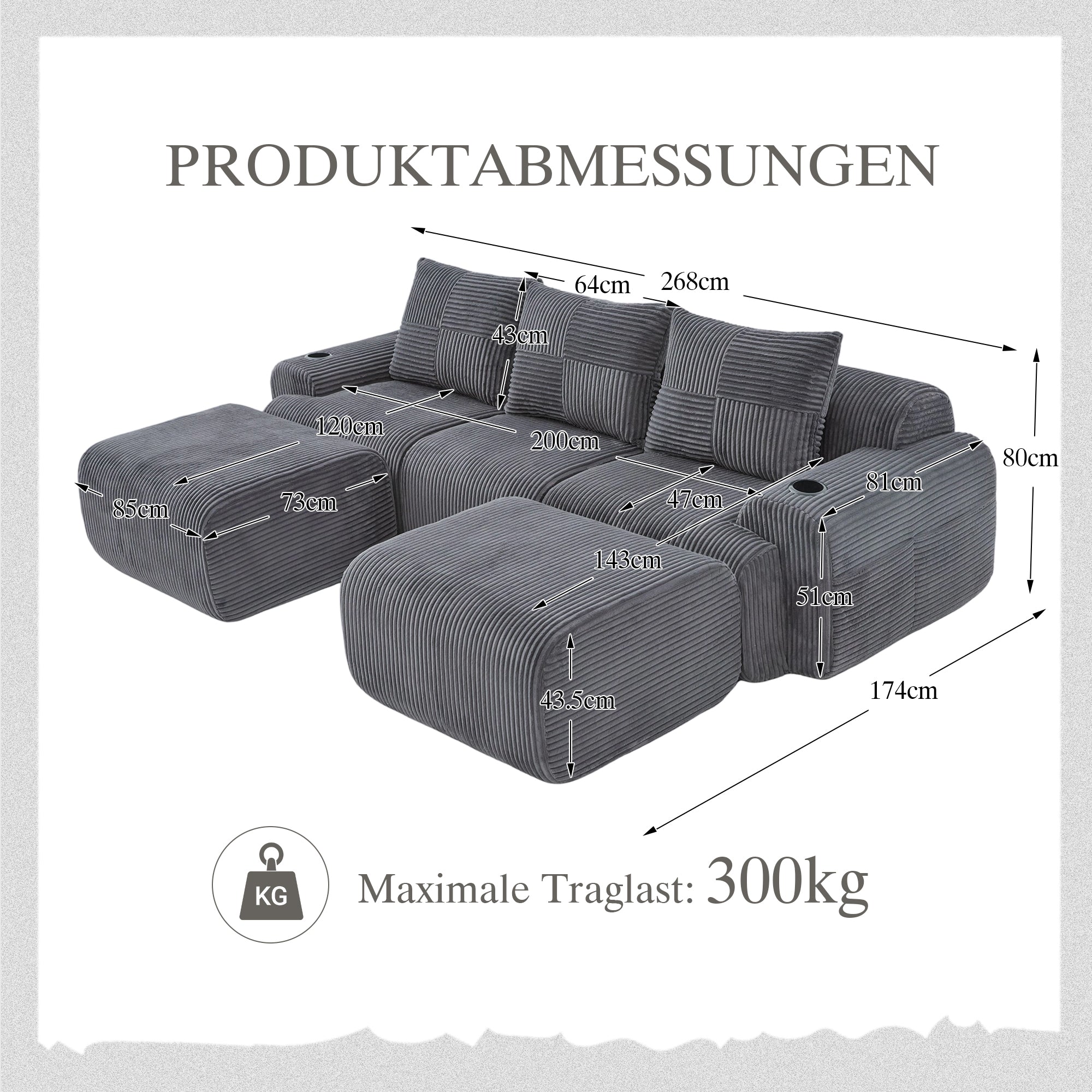 Modular Corduroy Sofa - 3-Seater with 2 Ottomans, Cup Holders, Storage Pocket - Dark Grey