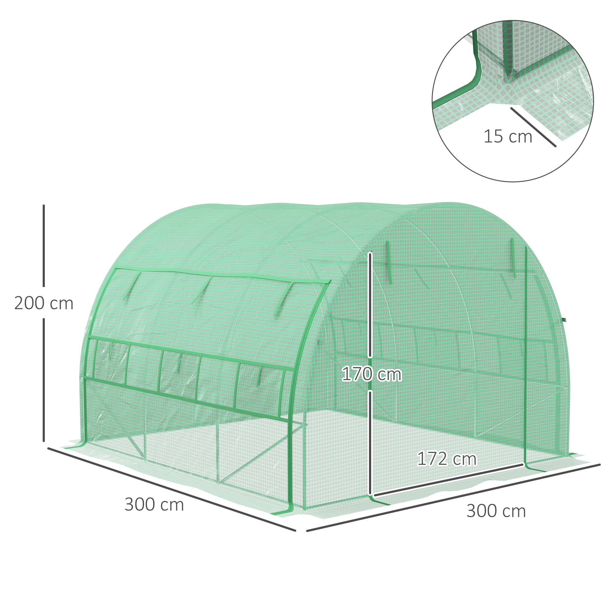 Polytunnel Greenhouse Walk-in Tent, Roll-up Sidewalls Zipped Door 6 Windows 3x3x2m, Green