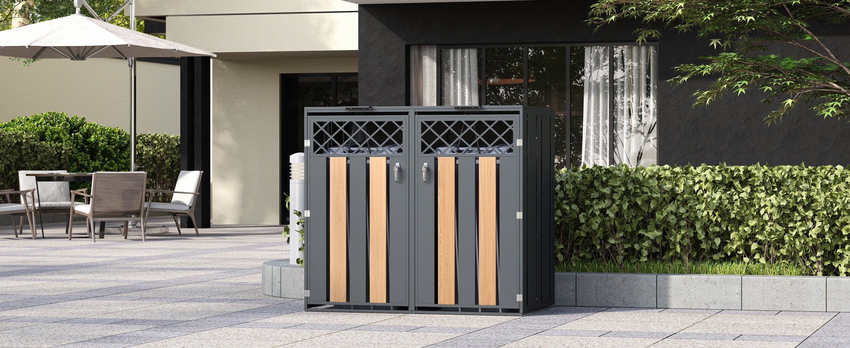 Garbage Can Storage Box with Hinged Lid and Lockable Double Doors, Diamond-Shaped Ventilation, Metal