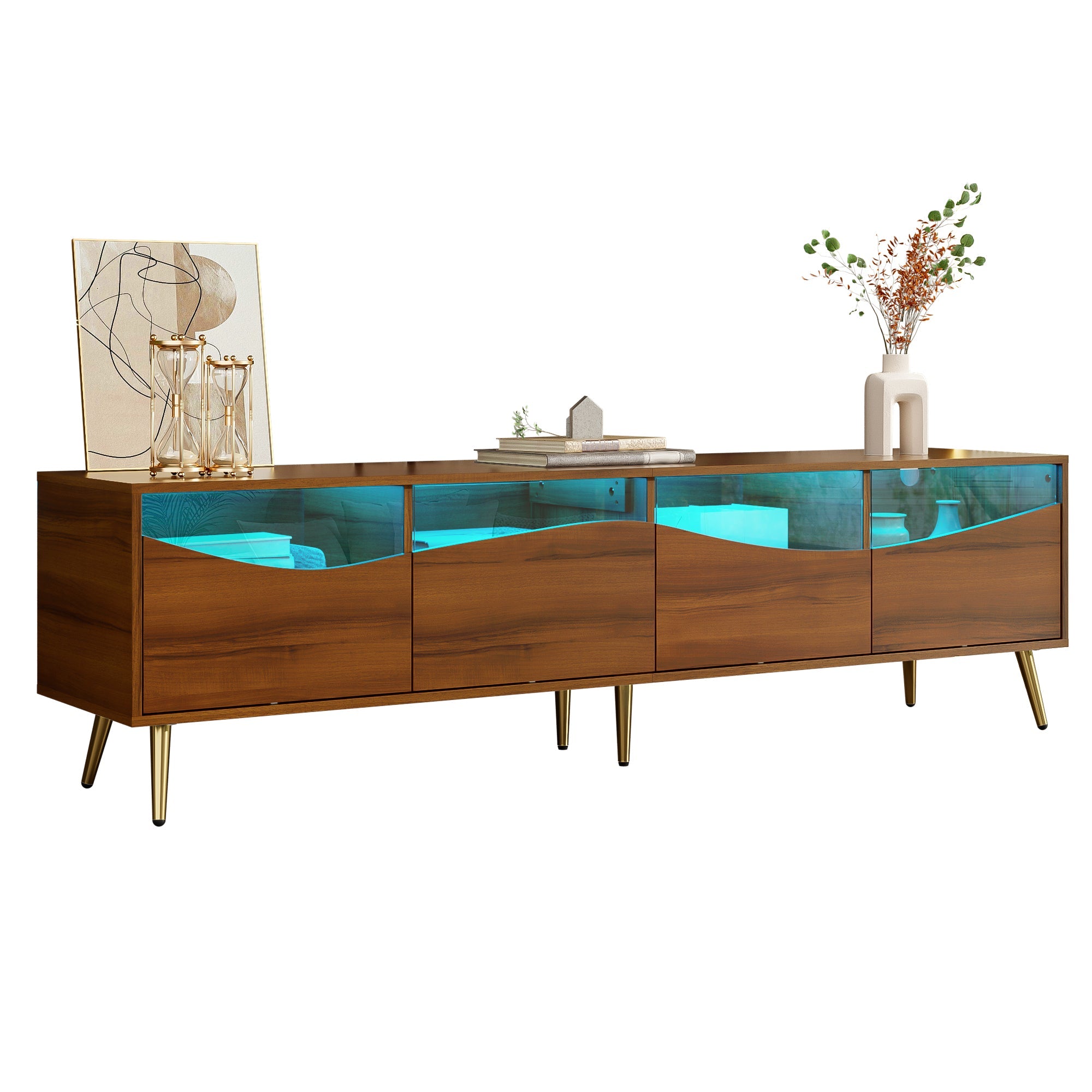Modern TV Cabinet 180cm LED Lighting Storage, Wood Color/Gold Metal