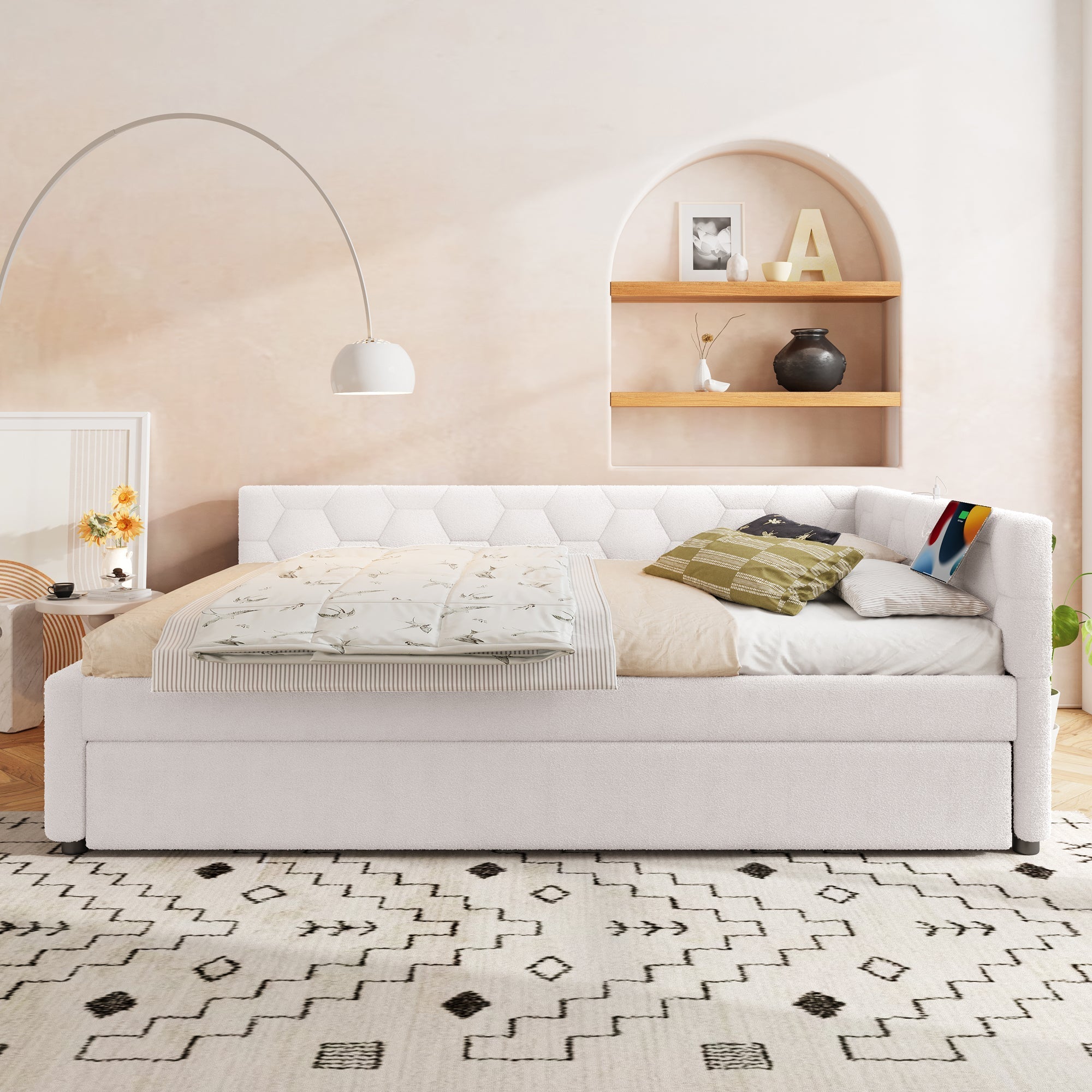 Daybed Sofa Bed 140x200cm Pull-Out Bed with Lamp & USB/Type-C Port Fleece Imitation White