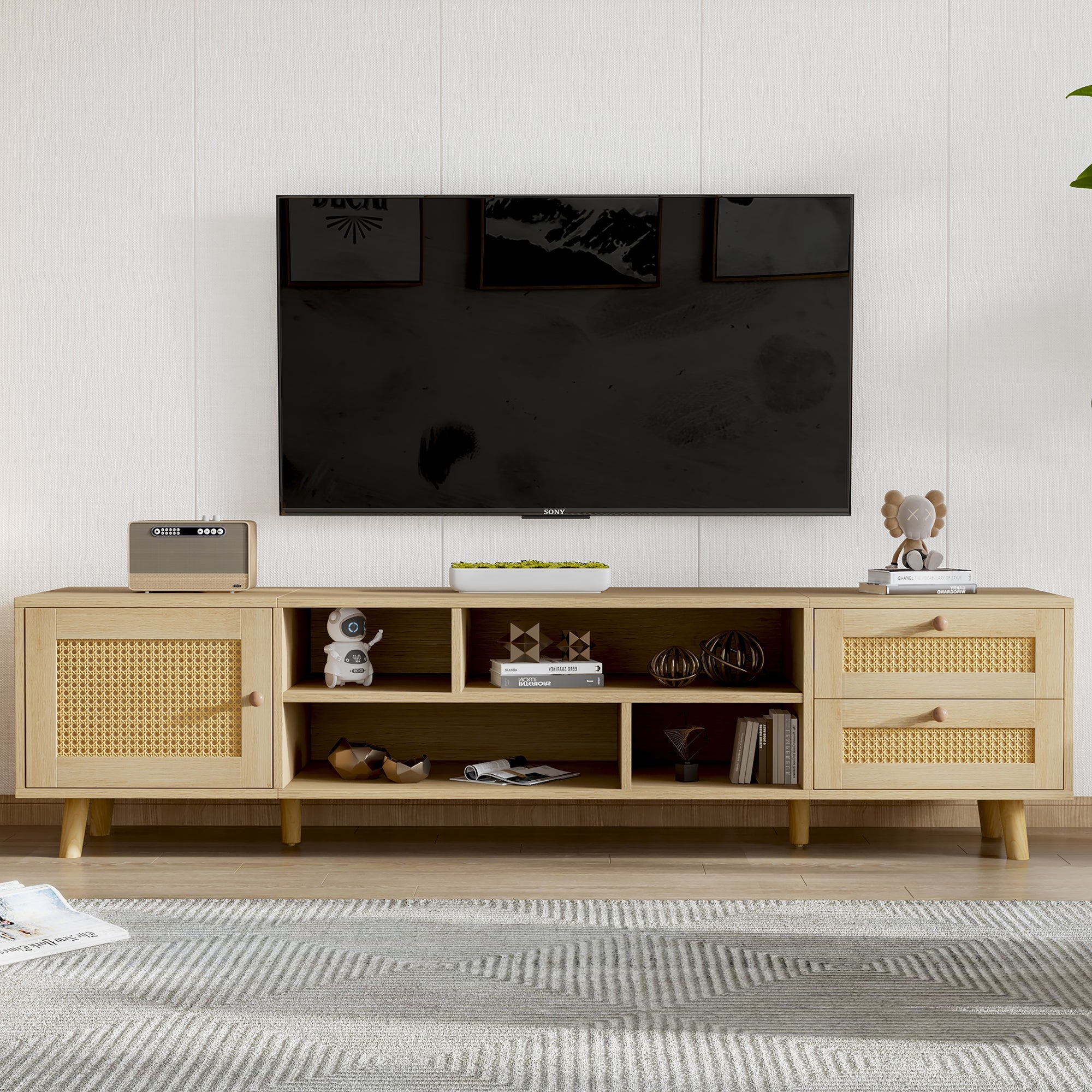 TV Cabinet 160cm for 70-inch TVs, Cable Management 2 Drawers 1 Door, Wood-Colored Rattan