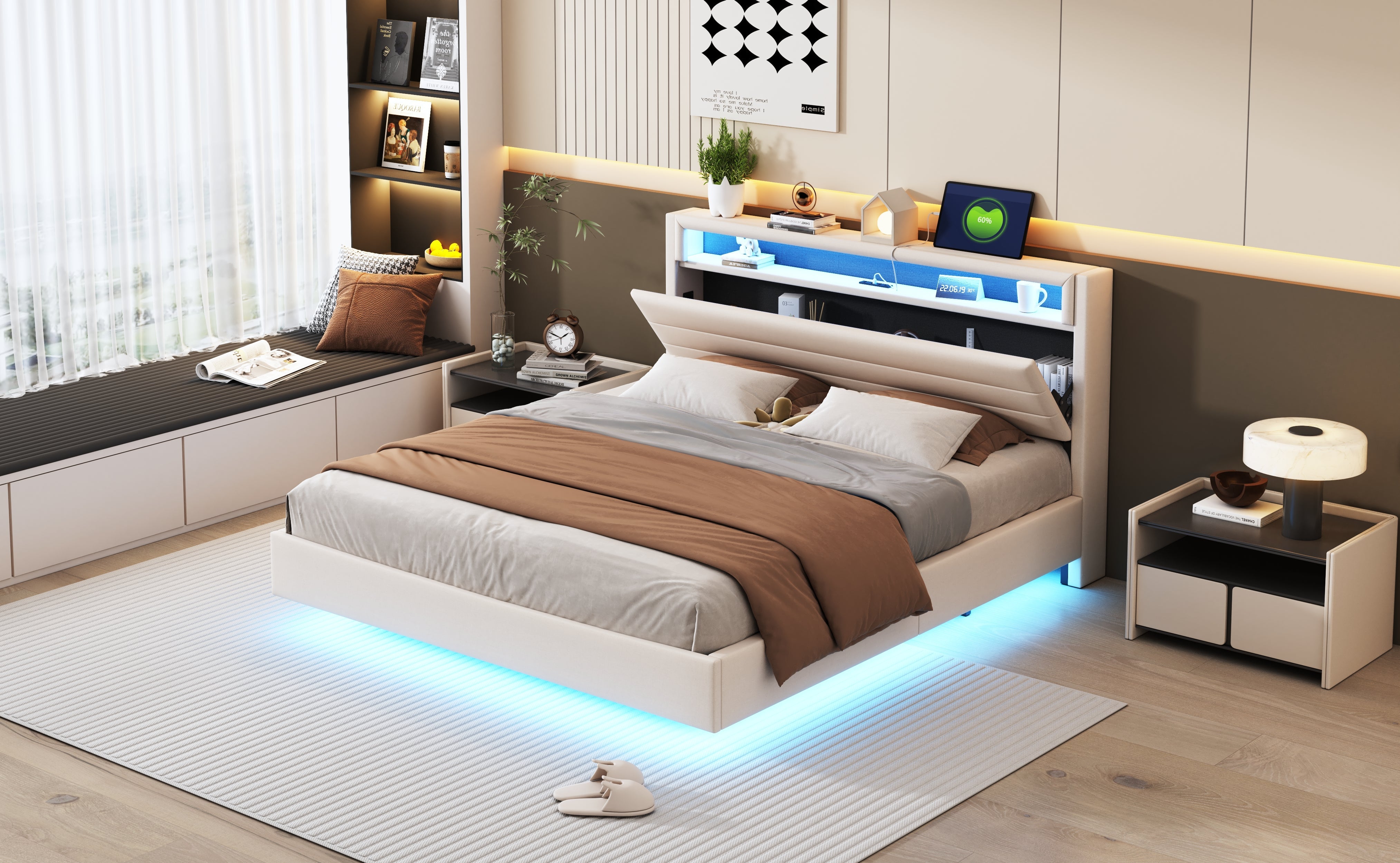 Upholstered Bed 160x200 cm, USB & LED, Reversible Headboard, Linen Fabric Beige