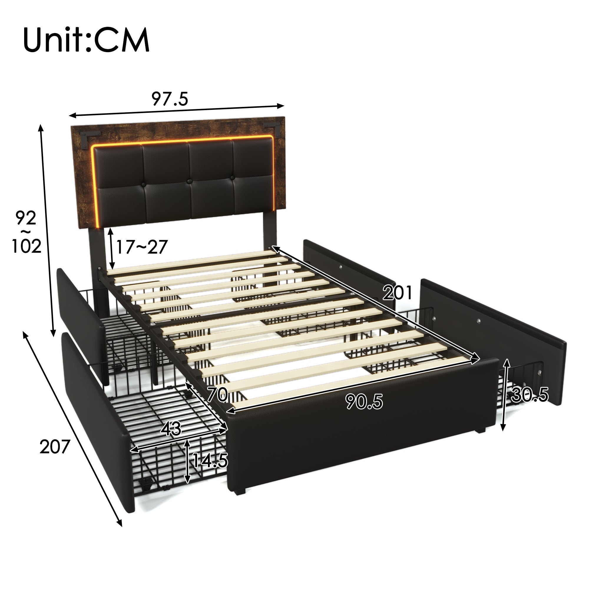 Bed Frame, LED, 4 Drawers, Adjustable Headboard, Black PU