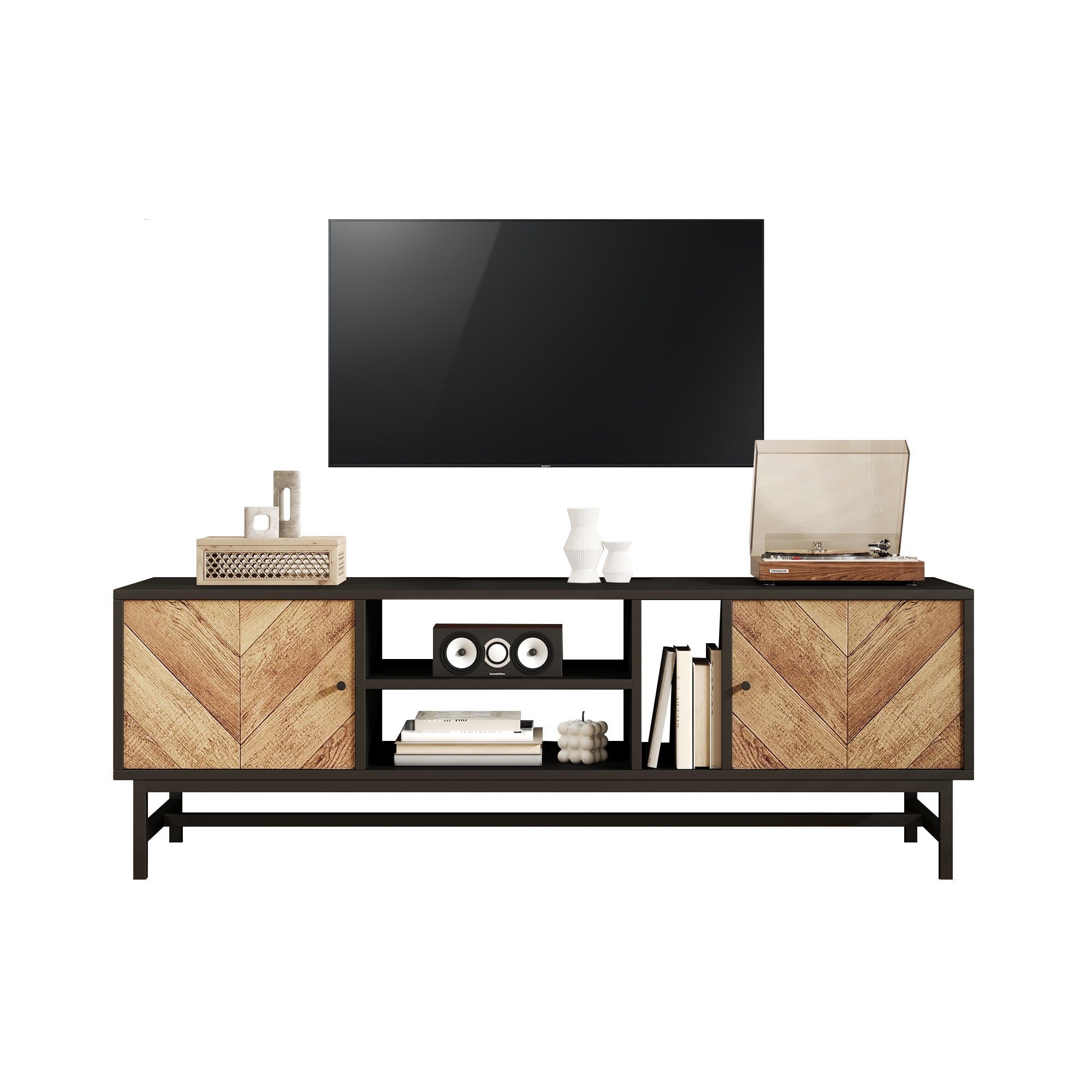 TV Cabinet 150 cm, Versatile Storage with Cabinets & Compartments, Black & Wood