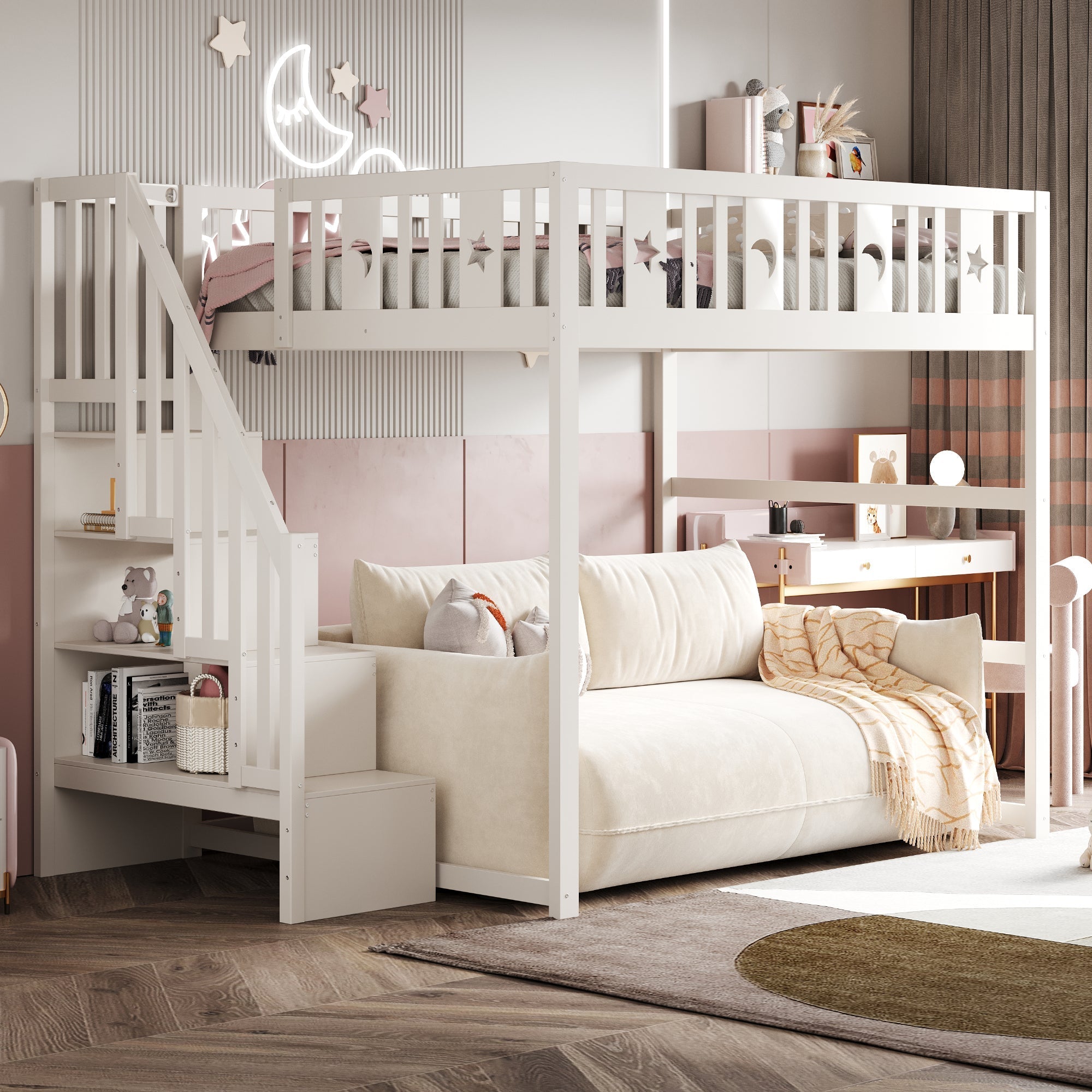 Children's Bunk Bed 140x200 Stairs Safety Railing, Solid Wood White