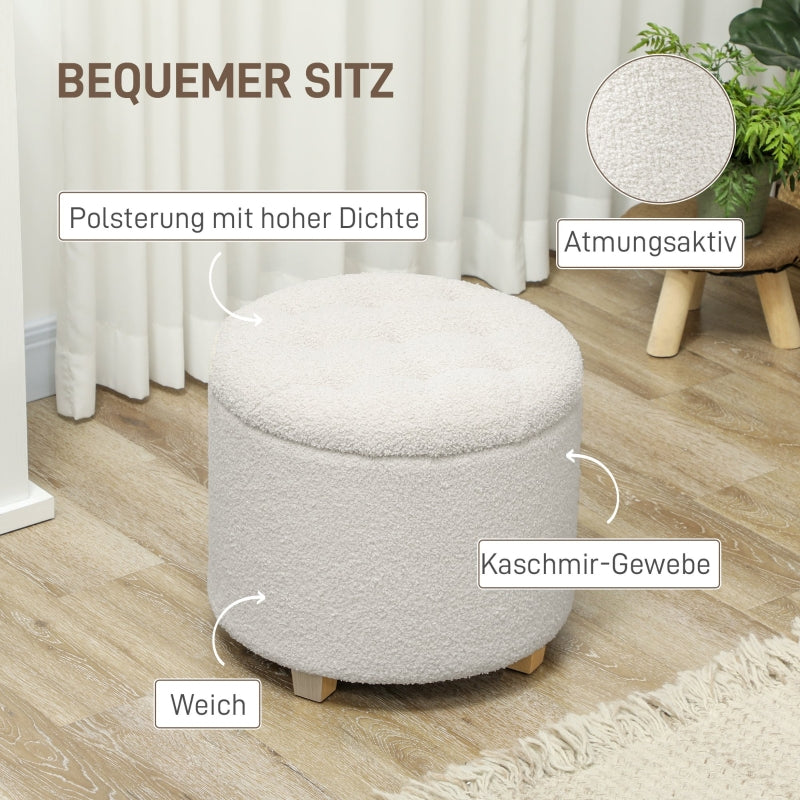 Stool with Storage Space, Round Footstool, Wooden Legs, White
