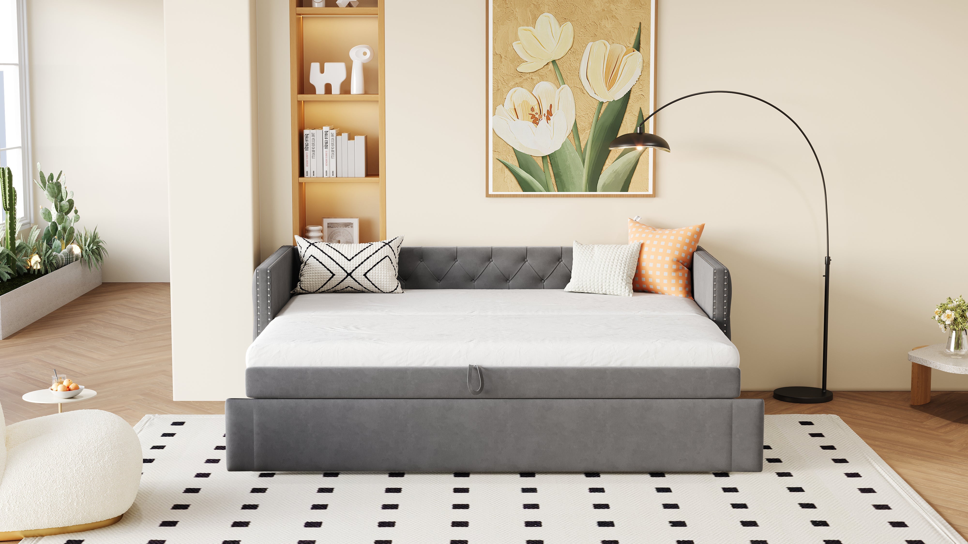 Upholstered Bed Sofa Bed, 90x200cm Multifunctional Guest, Grey Velvet