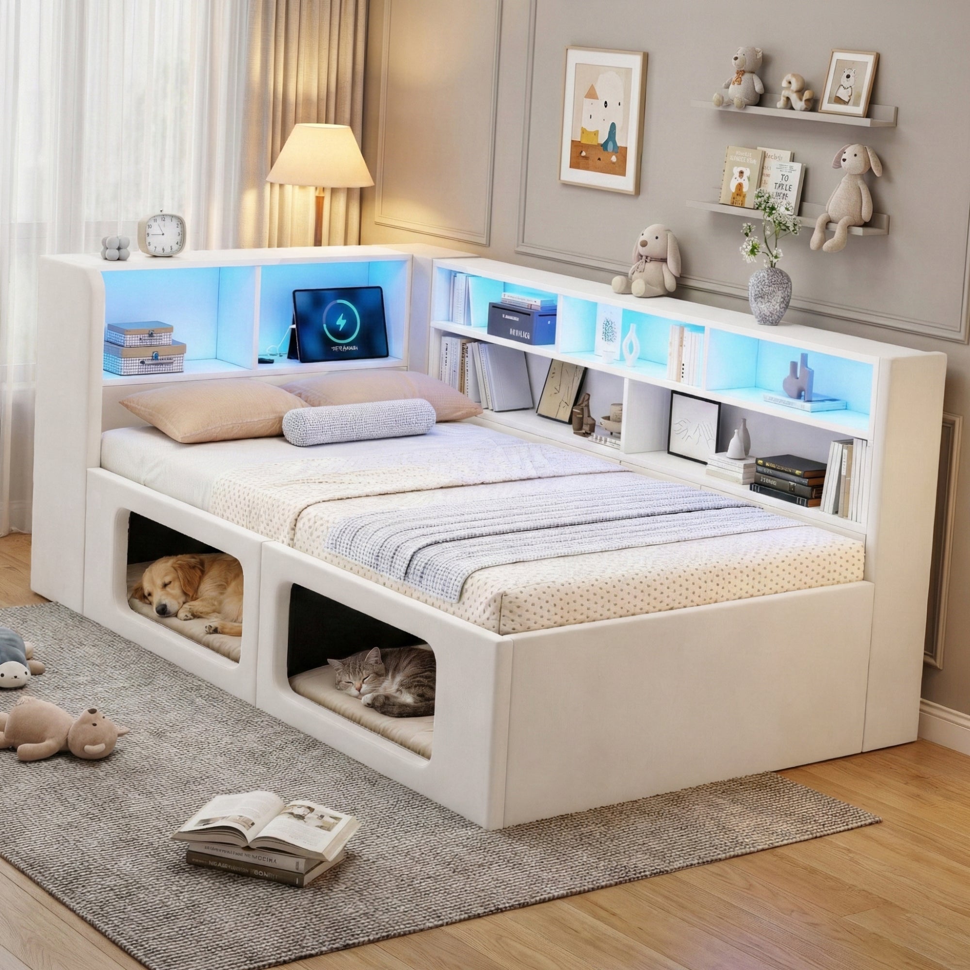 Daybed with Integrated Pet House, LED, USB and Storage, 90x200cm, Beige Velvet