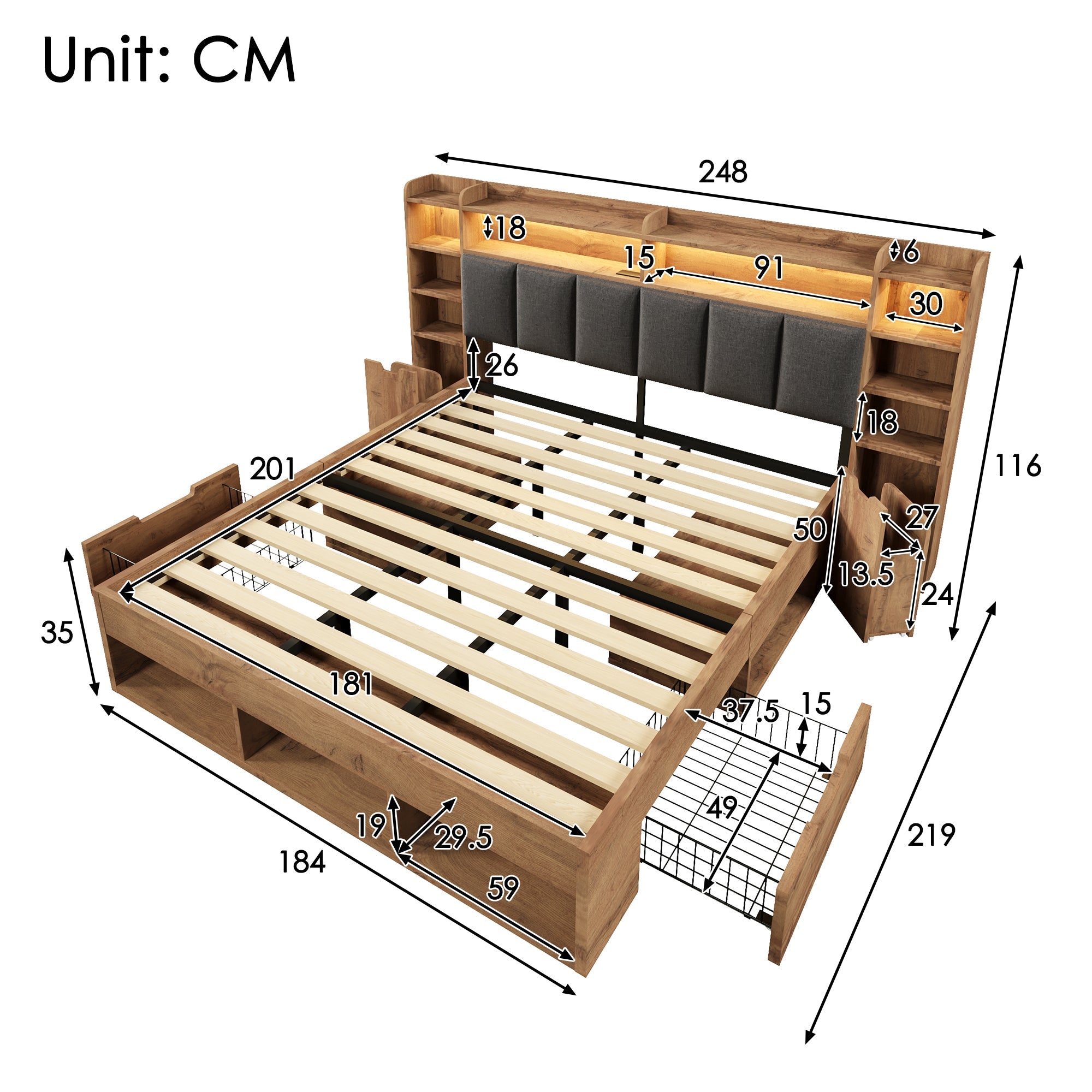 Double Bed System Bed with LED Headboard, Bedside Tables, USB Ports and Storage, 180x200cm, Oak Finish