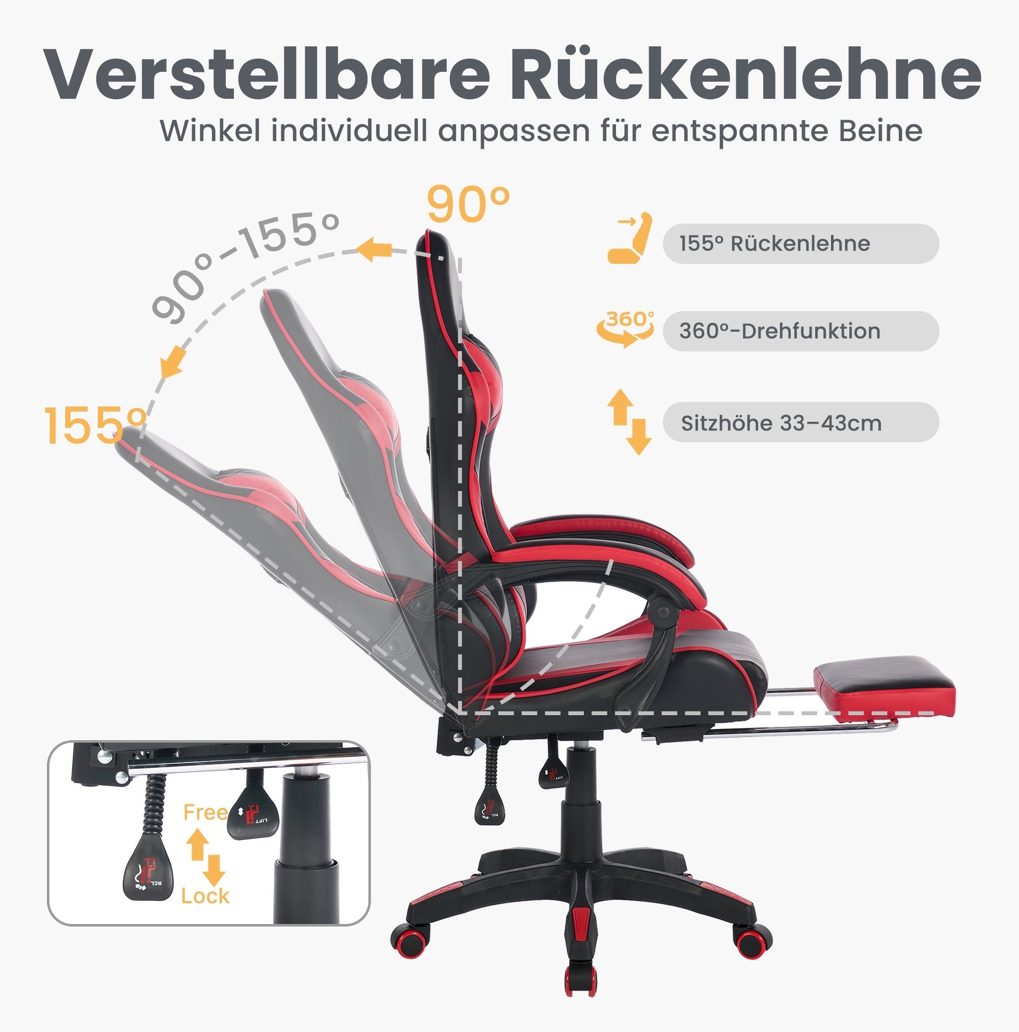 Racing Gaming Chair High-Back Ergonomic Swivel with Footrest Headrest Lumbar Support Leather Black & Red
