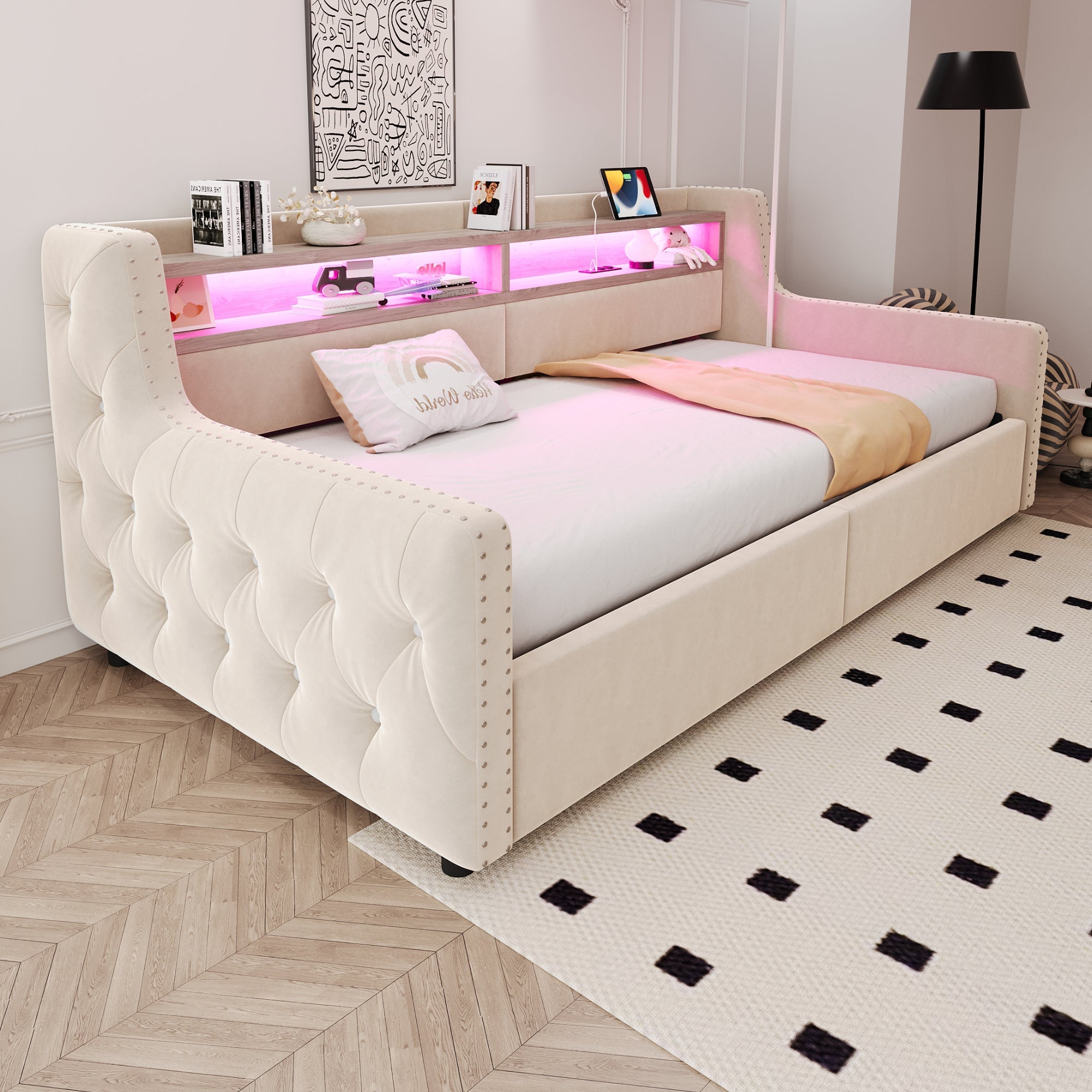 Upholstered Sofa Bed with Hydraulic Storage, LED Lighting and Charging Station, 90x200cm, Beige Velvet