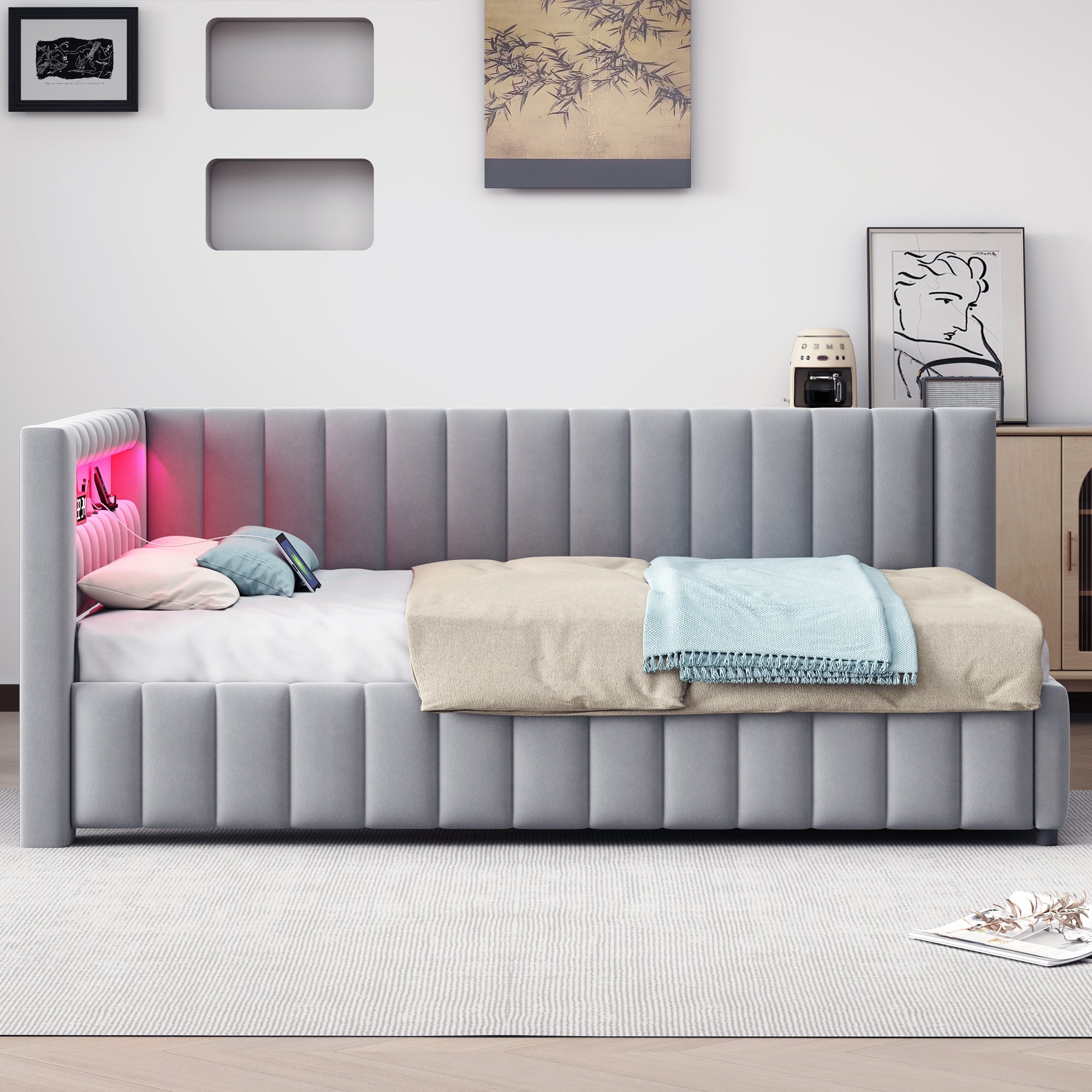 Sofa bed 140x200, LED light USB port, velvet grey