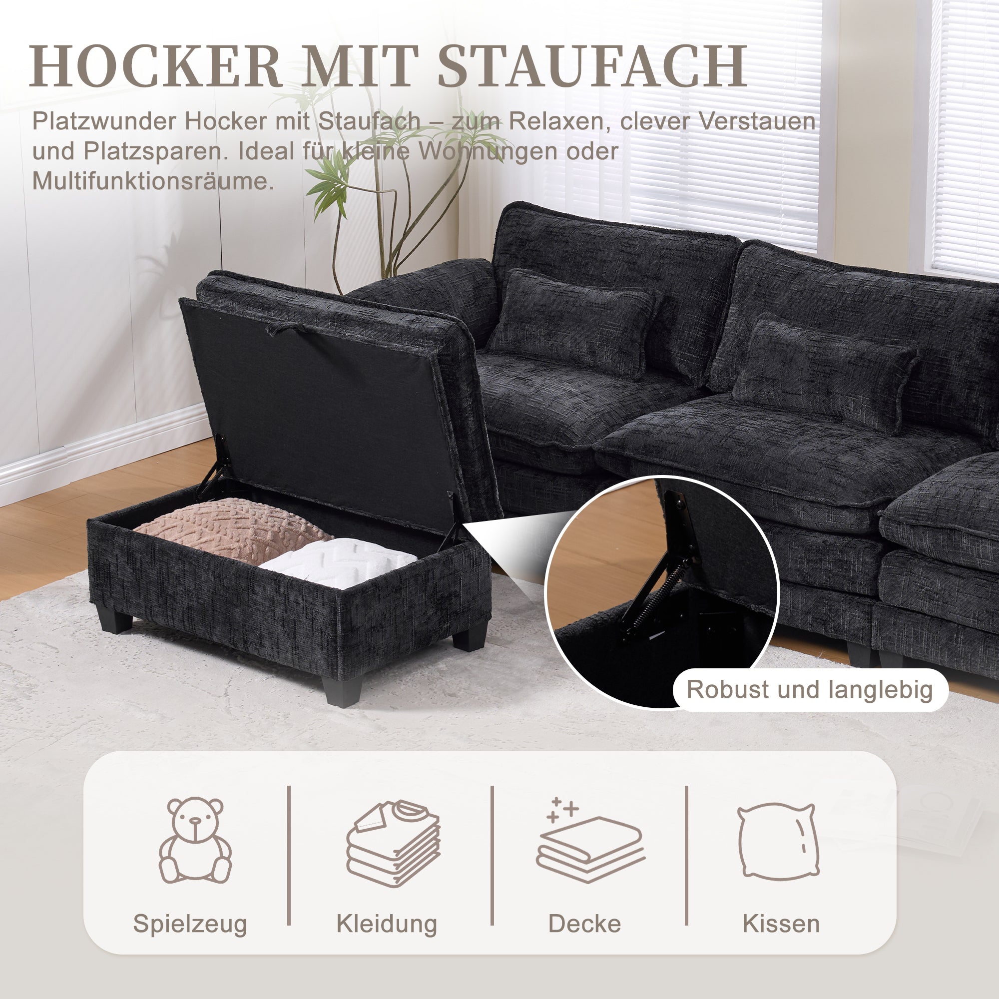 2-Seater Sofa USB Port Modular Footstool - Chenille Black