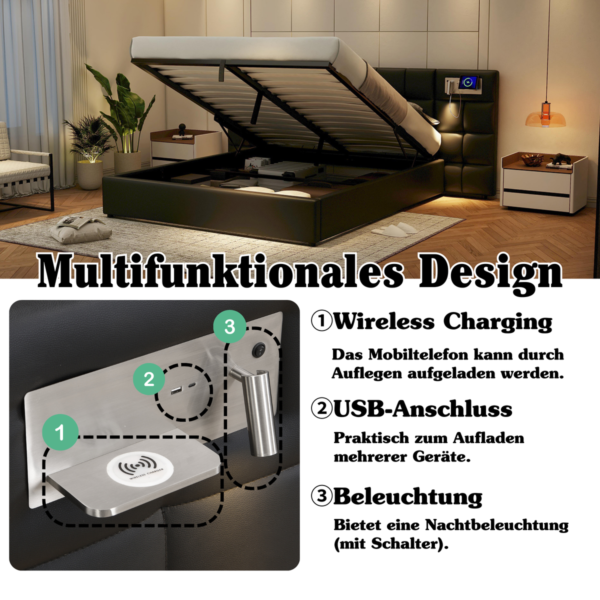 Upholstered Bed 180x200cm Hydraulic Storage USB/Wireless Charging LED Lamp - PU Black