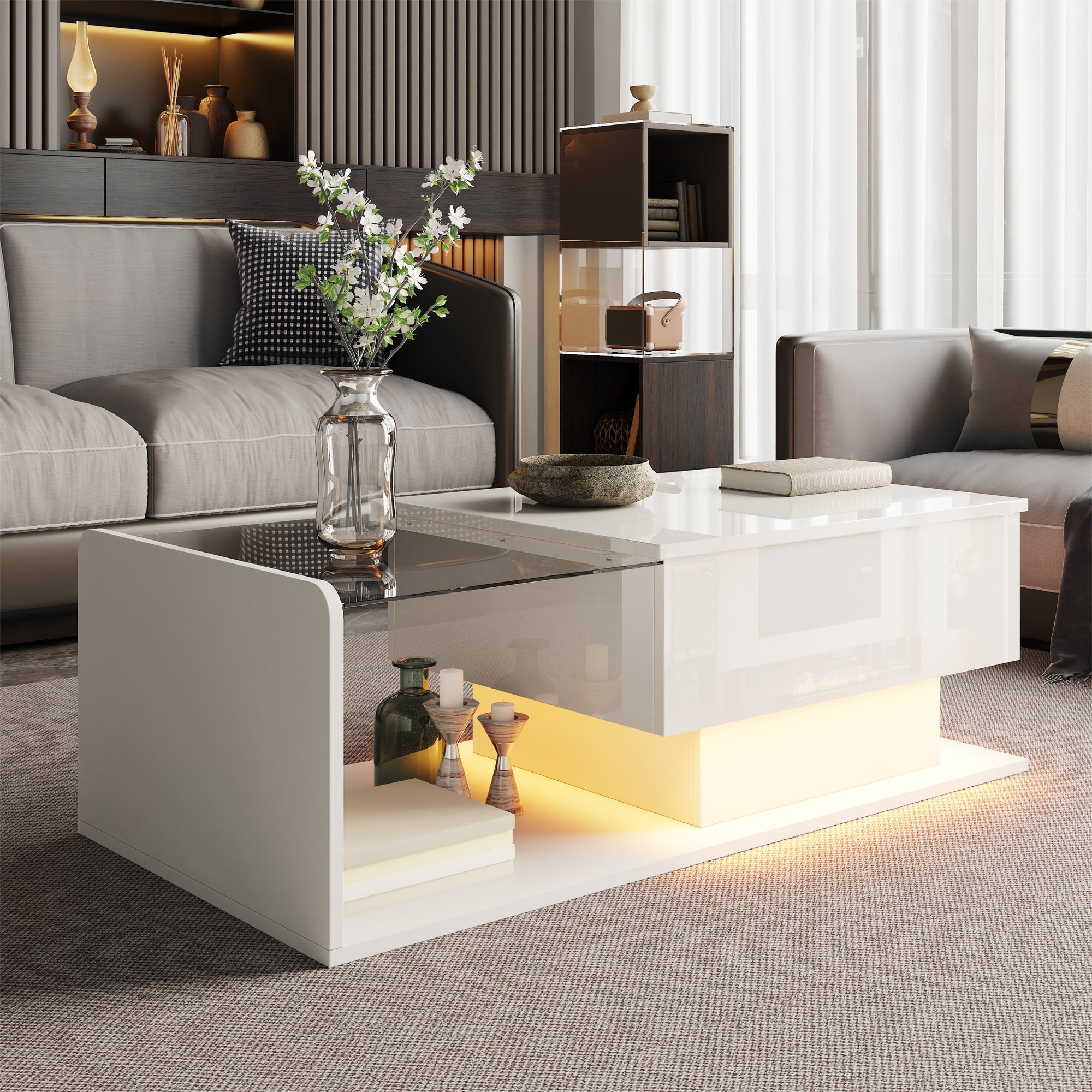 Coffee Table with Glass, LED Effect, and Lift-Top, High-Gloss White