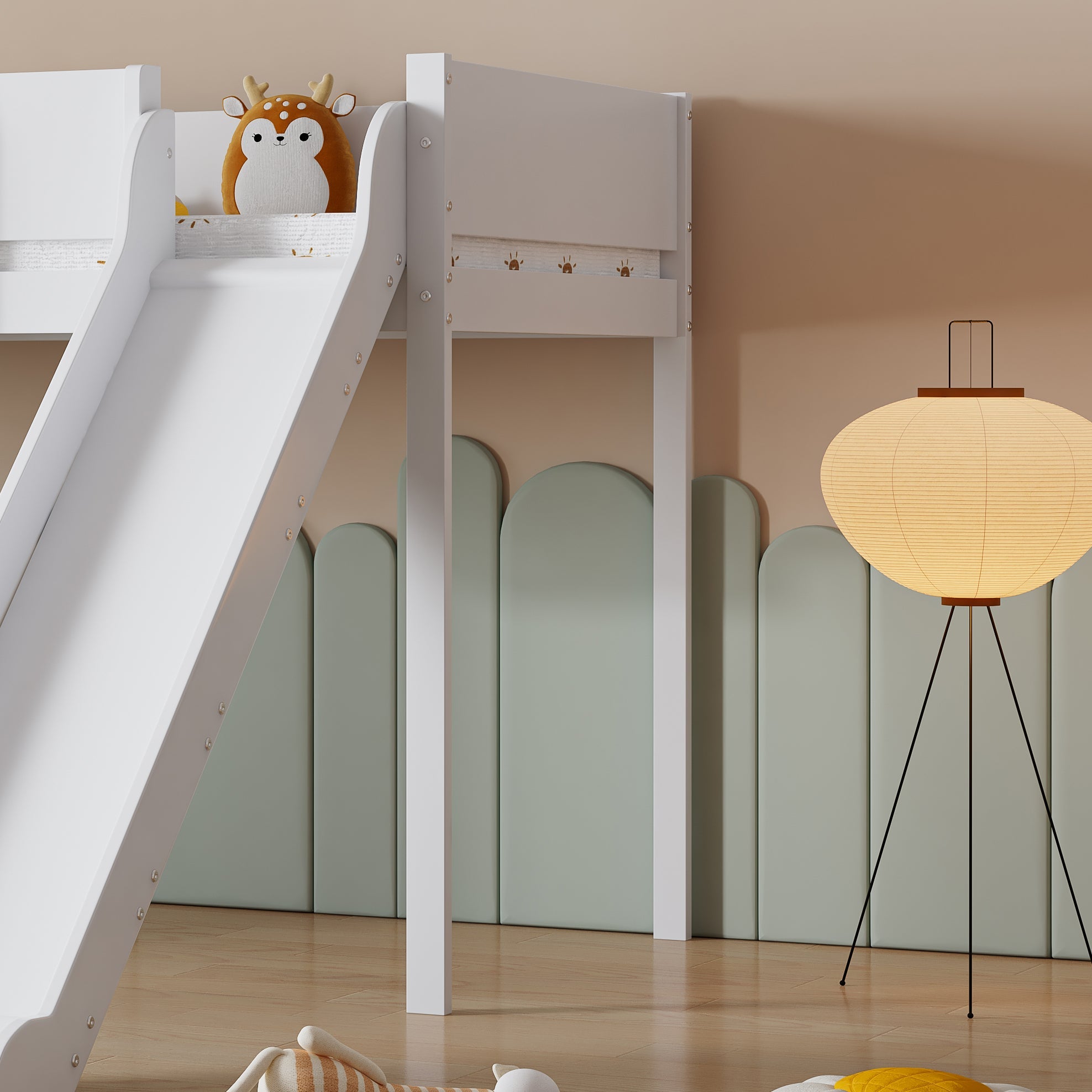 Loft Bed, Bunk with Slide & Removable Shelf, Pine+MDF White+Natural