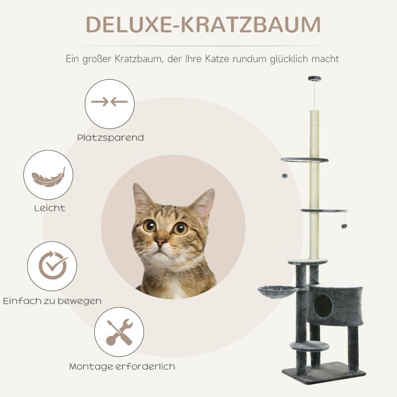 Katzenkratzbaum, mehrstufig mit Spielbällen, Hängematte, Sisalstämmen, Dunkelgrau