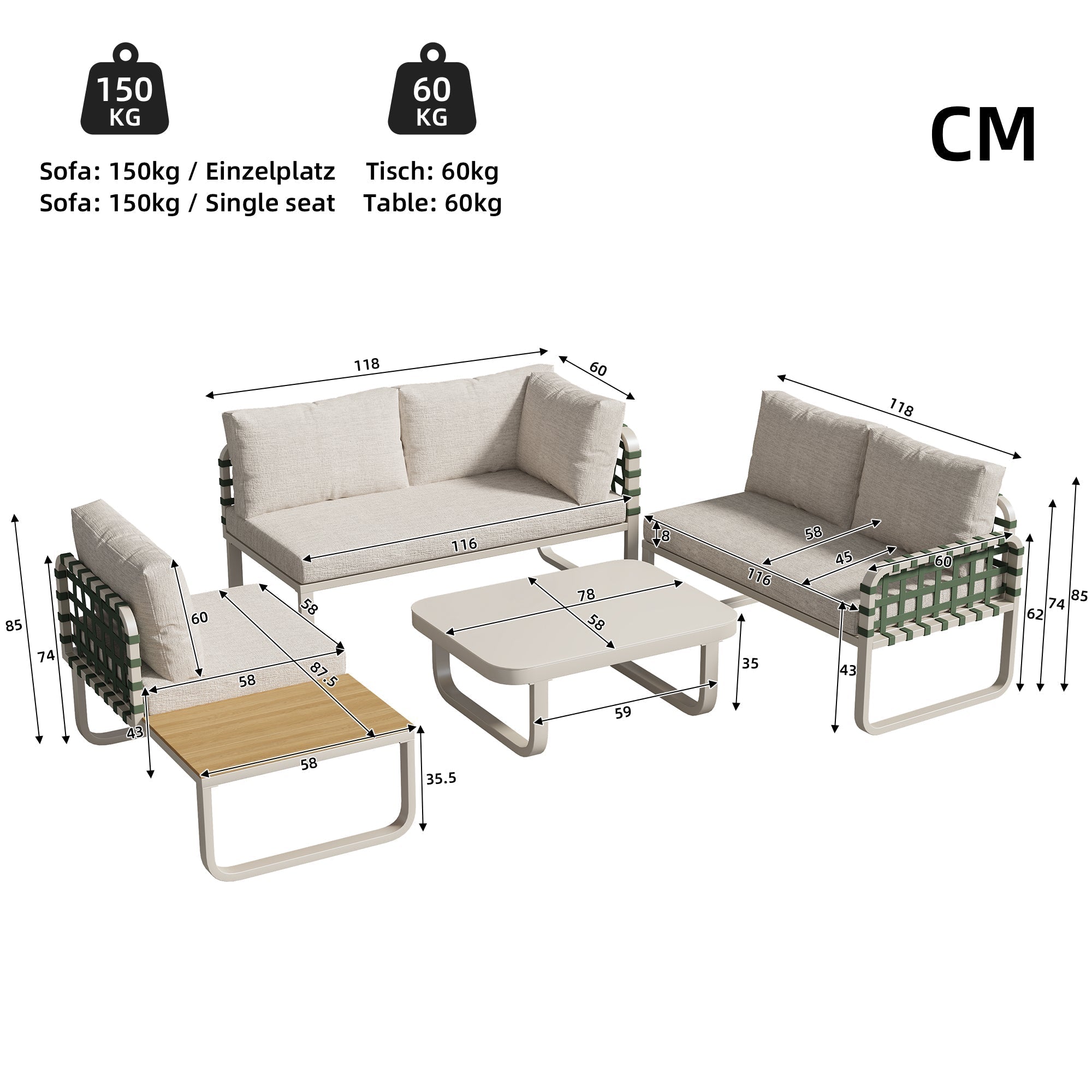 Garden Lounge Set 4-5 Seater Rattan Outdoor Sofa with Cushions - Apricot