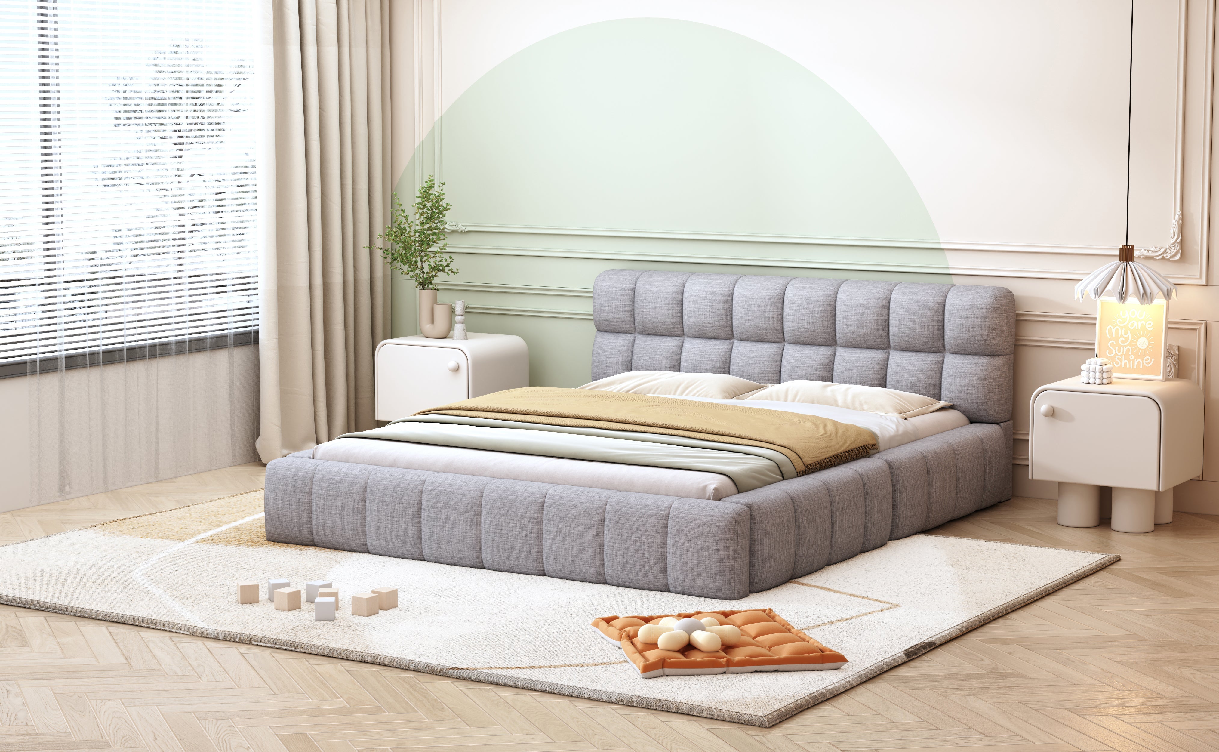 Upholstered Bed 140x200cm Double with Soft Backrest, Linen Grey