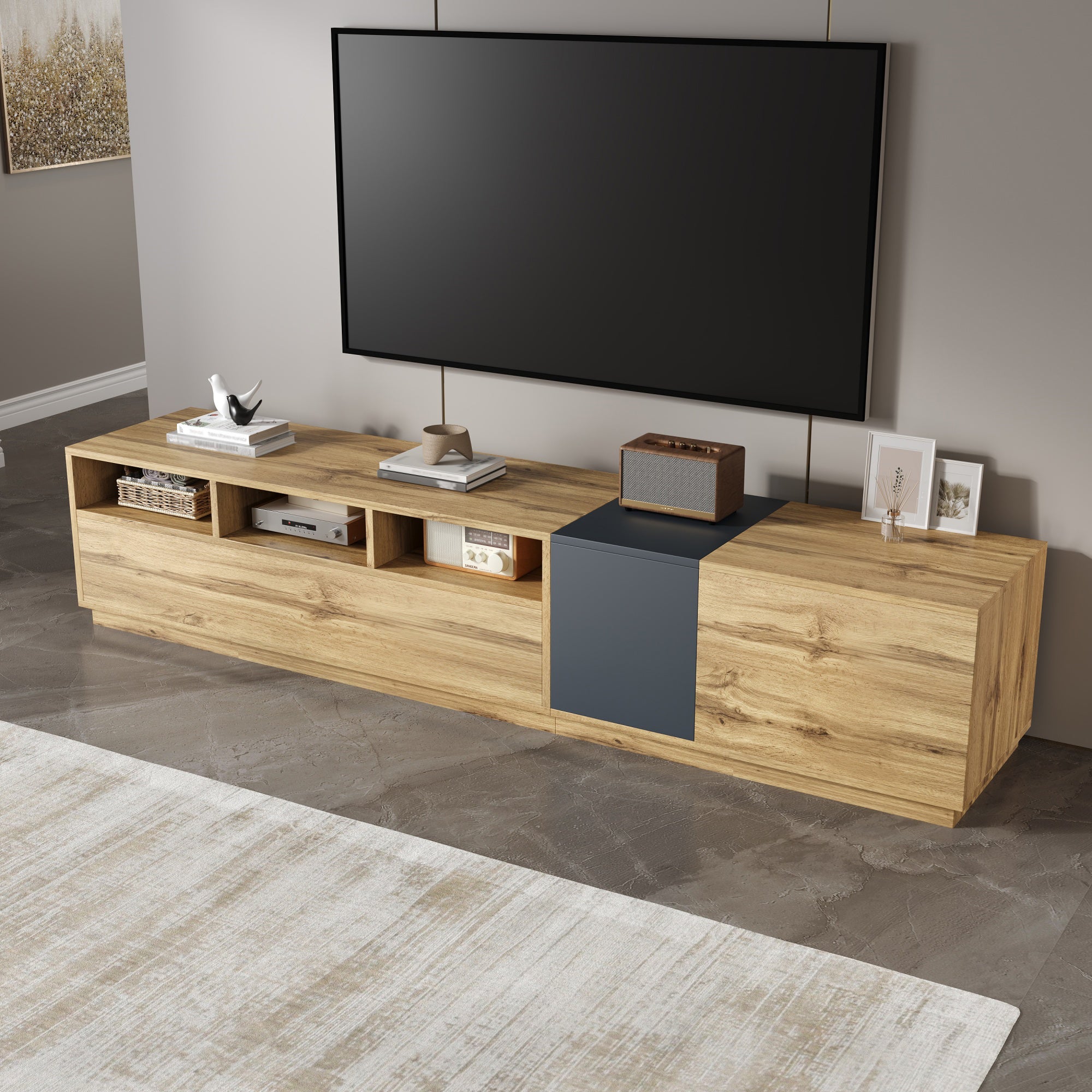 TV Stand, Modern Contrasting, 200cm, Black-Gray and Wood