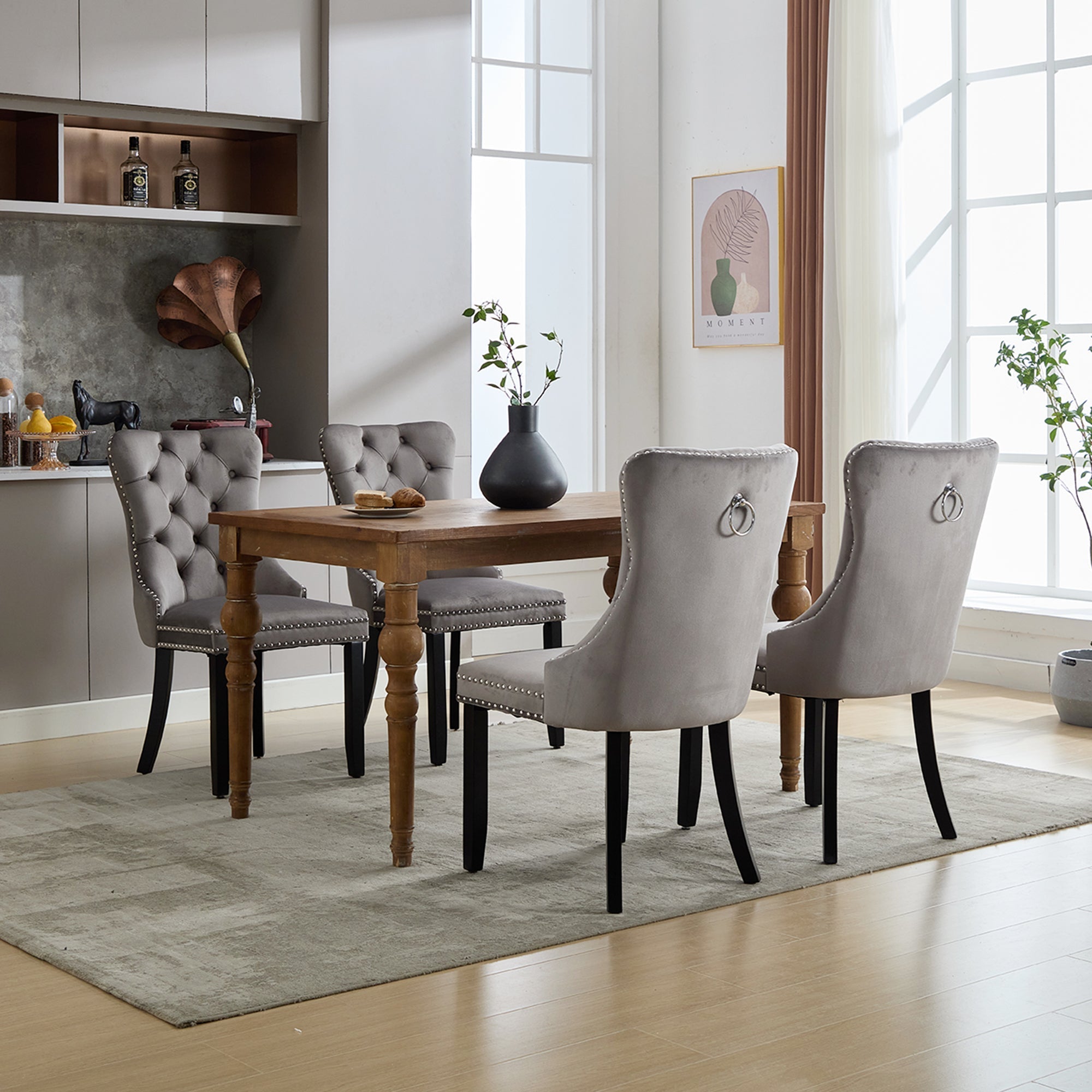 Modern Set of 2 Upholstered Dining Chairs with Button Tufted Velvet, Solid Wood Legs, Riveted Trim, and Knocker Ring, Grey - Clearance