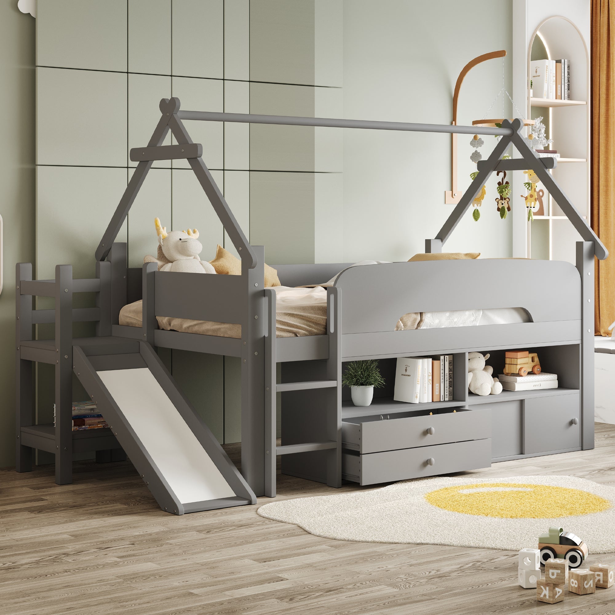Children's House Bed 90x200cm with Slide Drawers Storage Solid Wood Grey
