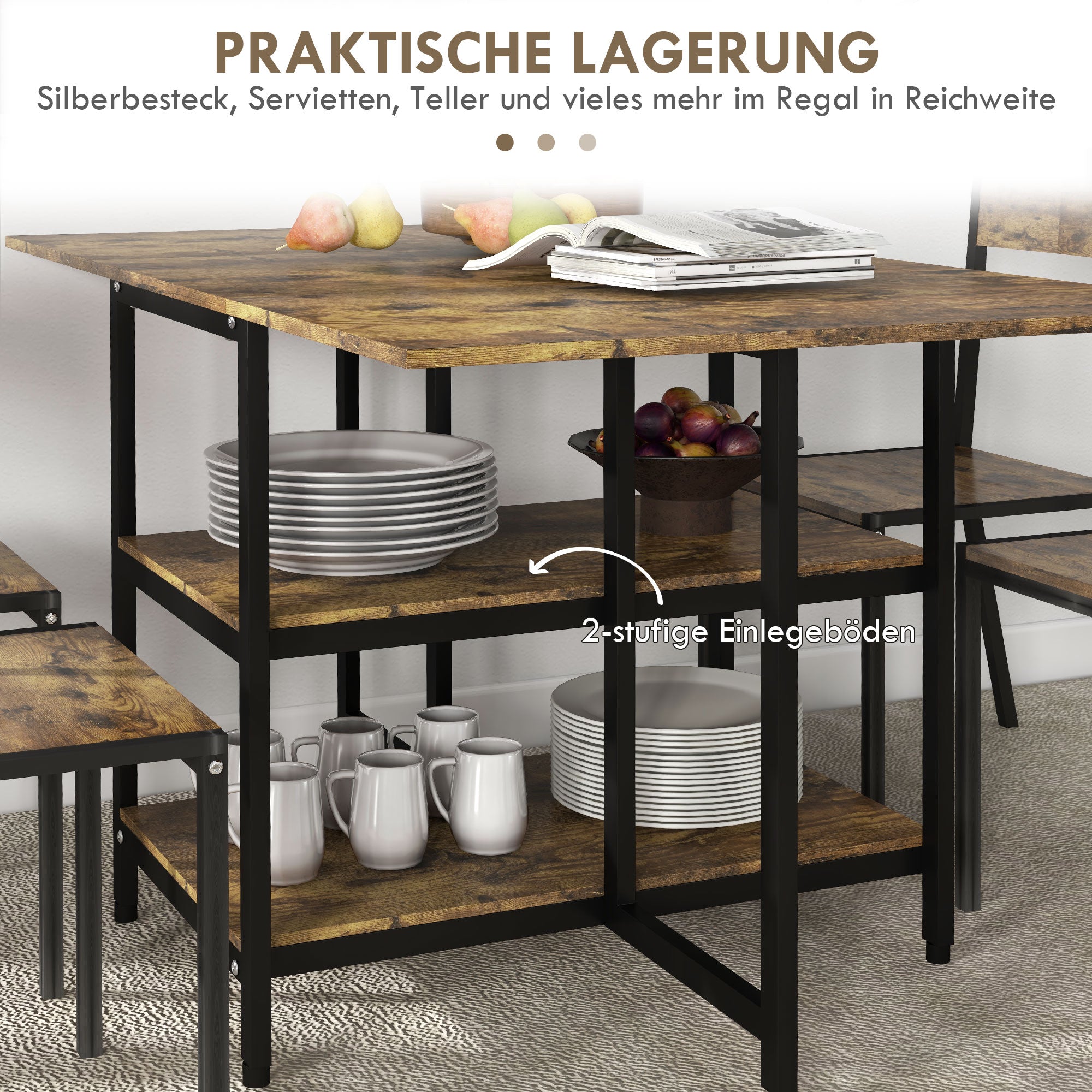 Folding Dining Table, Wheels, 140x80cm, 2-6 People, Rustic Brown Steel
