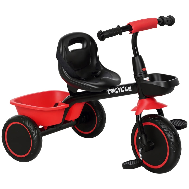 Children's Tricycle with Height-Adjustable Seat and 2 Baskets, Black and Red