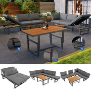 Outdoor Garden Furniture Set with Adjustable Table and Backrests, Galvanised Iron & Acacia Wood, Grey