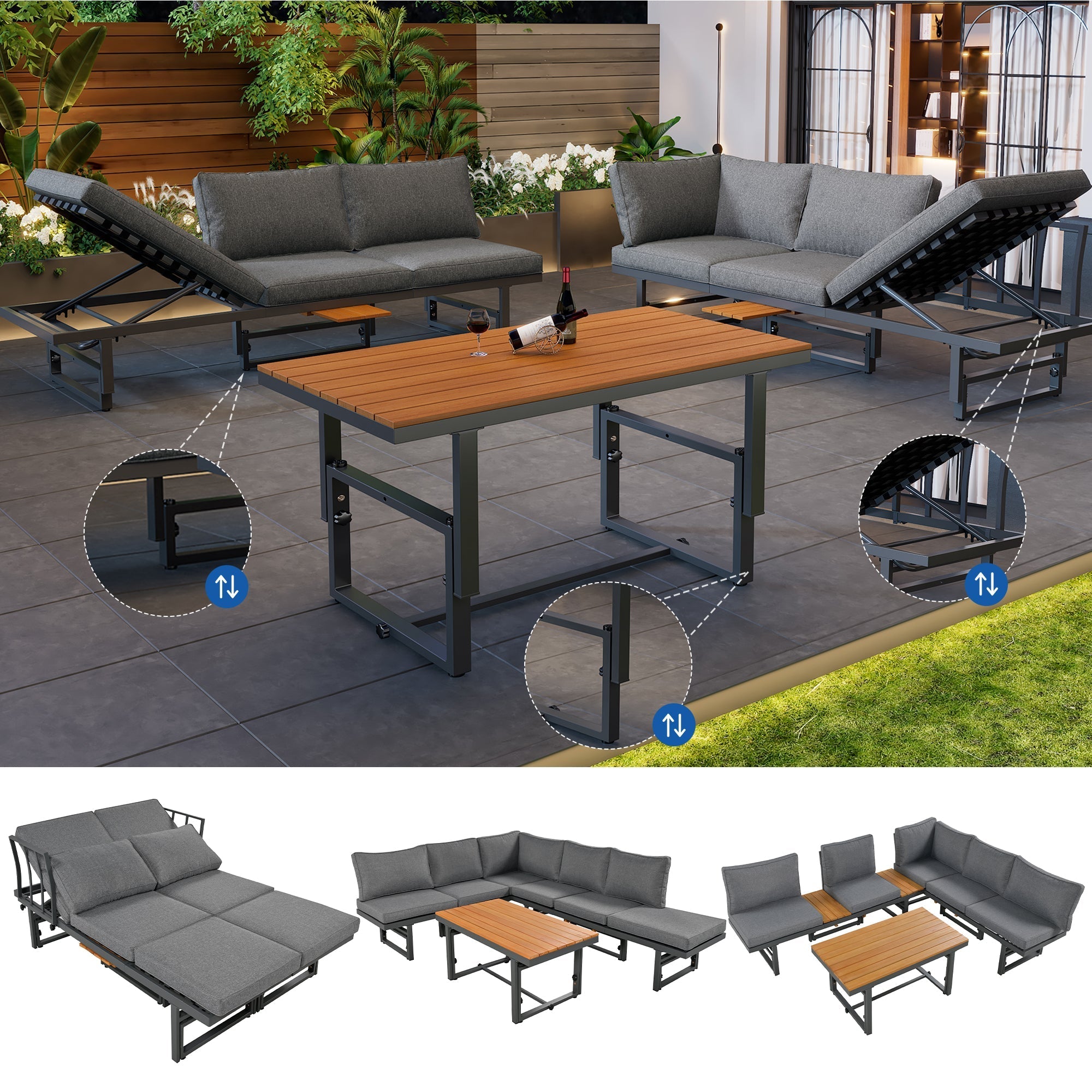 Outdoor Garden Furniture Set with Adjustable Table and Backrests, Galvanised Iron & Acacia Wood, Grey