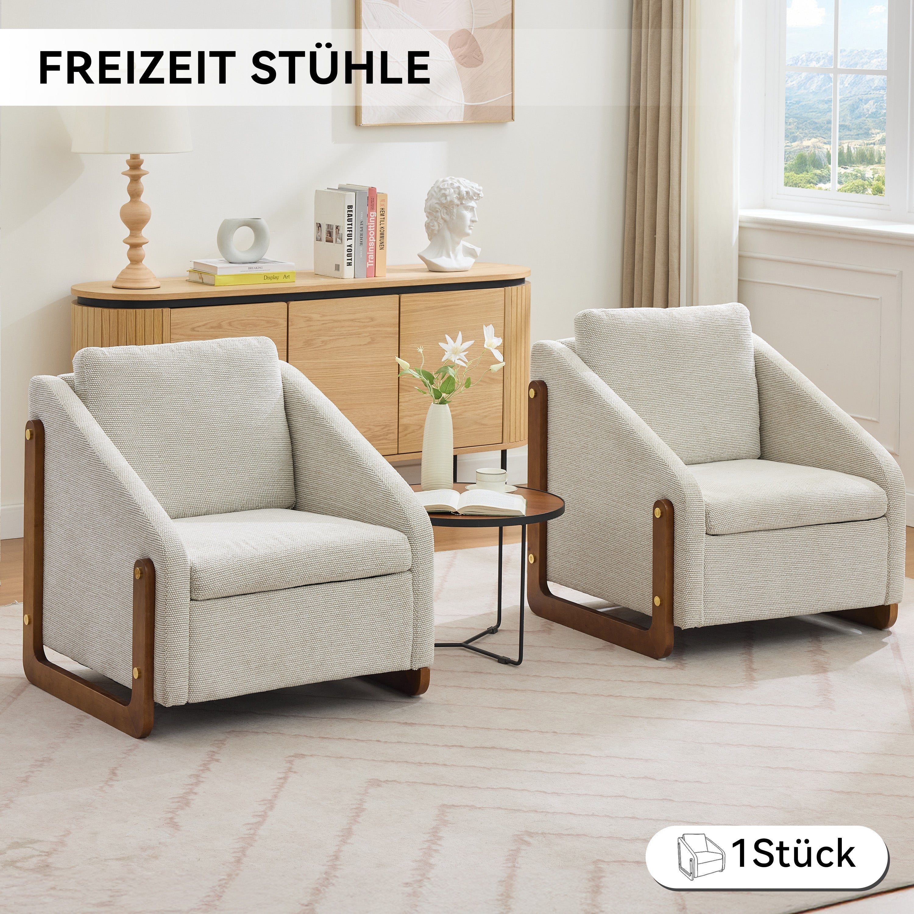 057 Armchair, Living Room Accent Lounge Chair with Wooden Armrests & Back Cushion, Beige Chenille Fabric