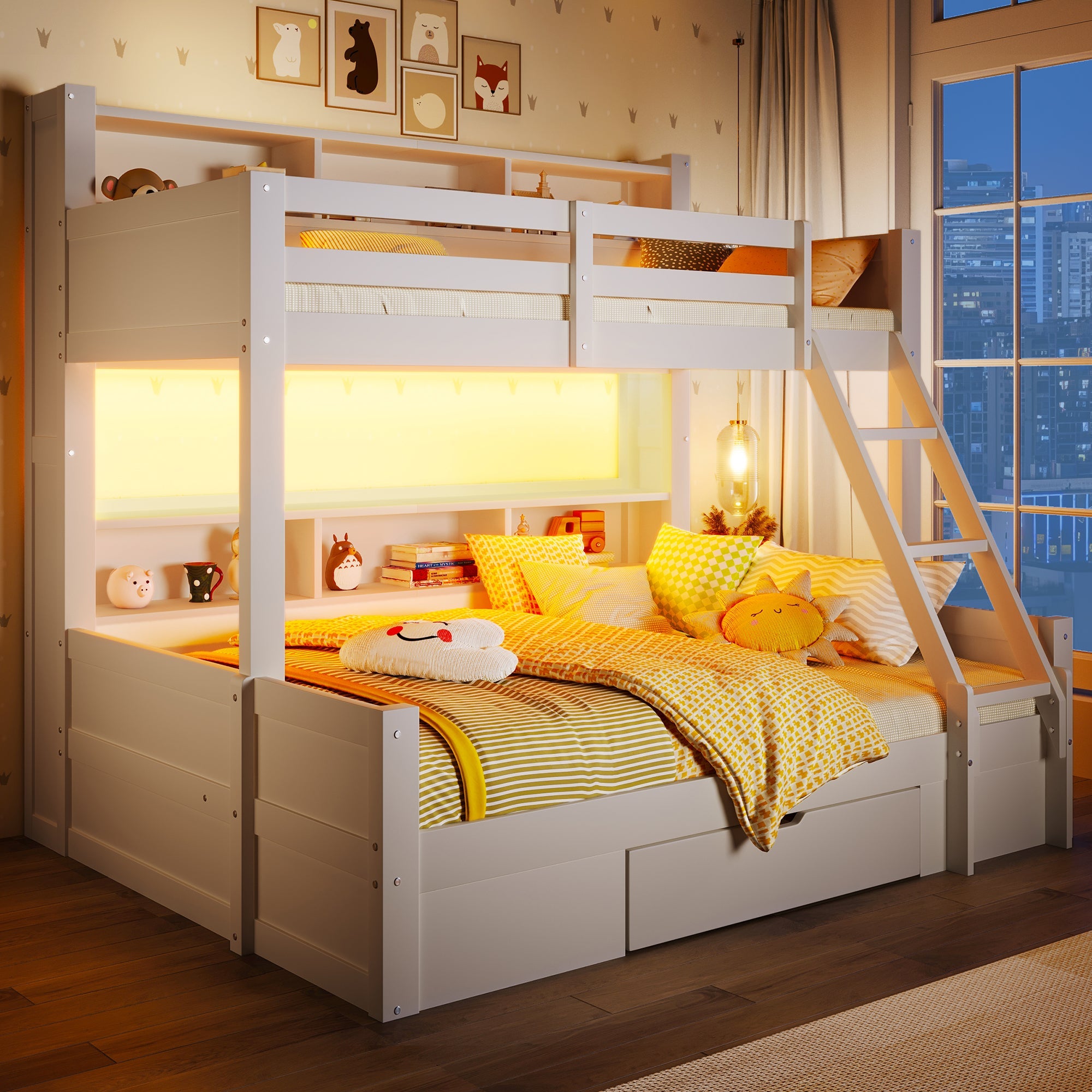 Bunk Bed with Storage Shelves, Drawer and LED Light, 90x200cm over 140x200cm, White